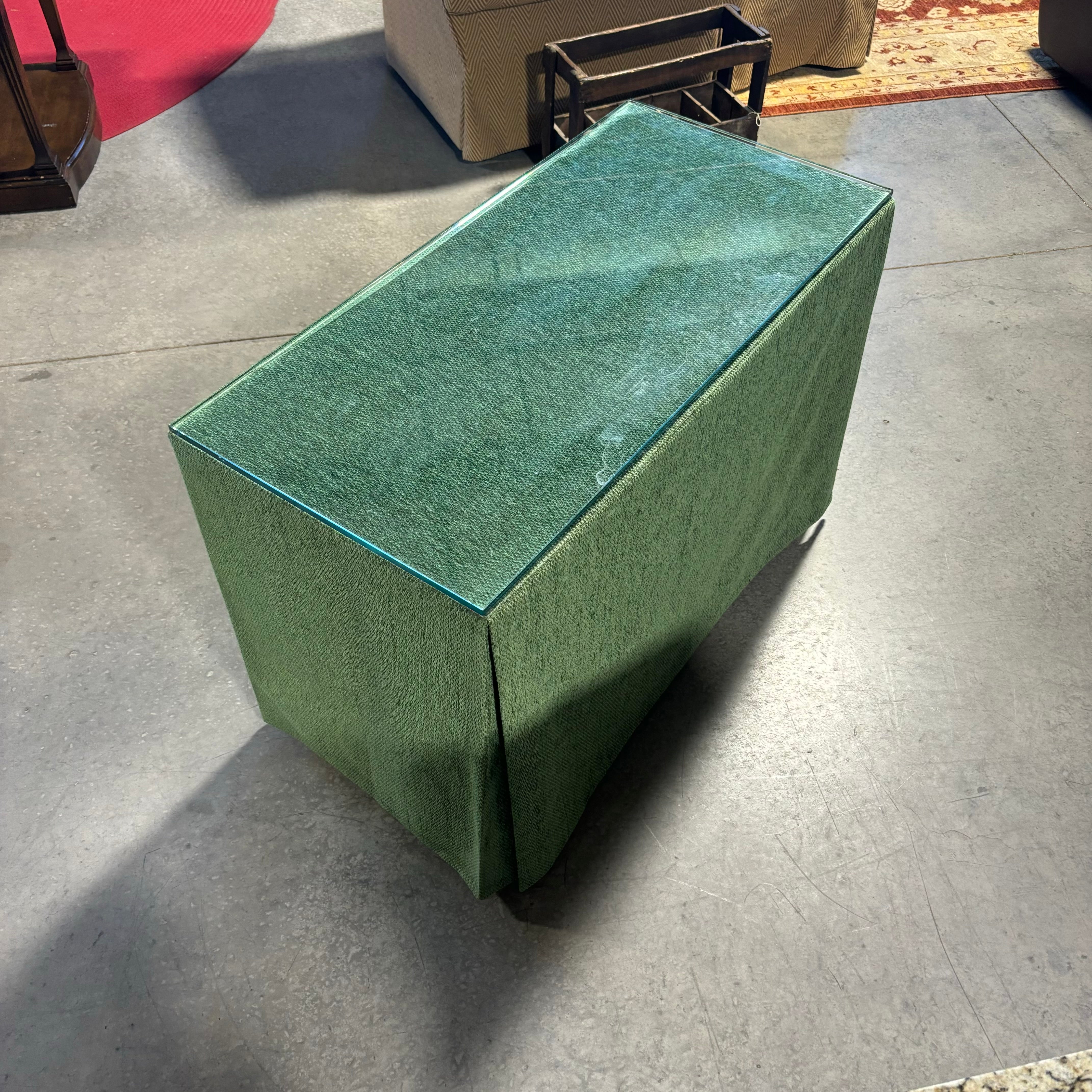 Custom Green Chenille Covered Natural Wood with Glass Top Accent Table 42"x 20"x 29"