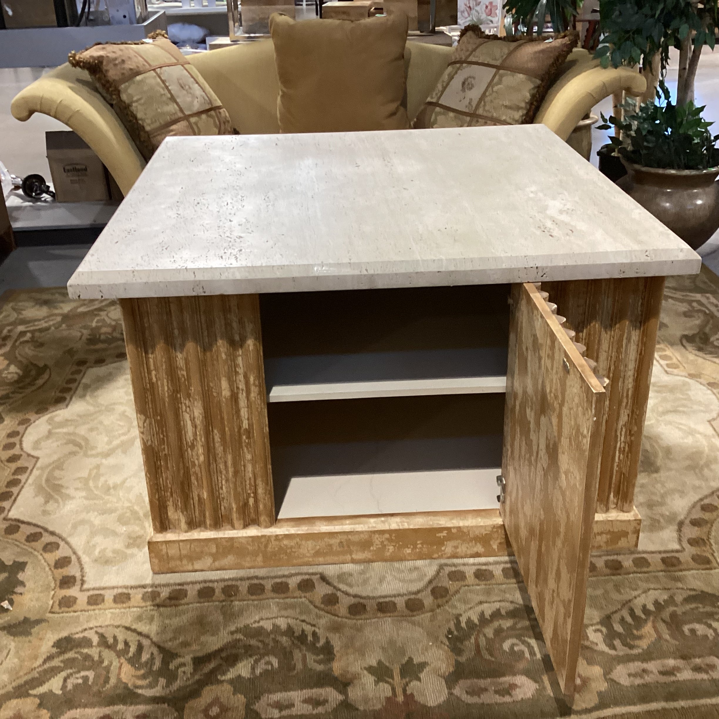 Custom Ribbed with Textured Crackle Finish Wood 1 Door with Shelf Travertine Top Accent Table 48"x 48"x 30"