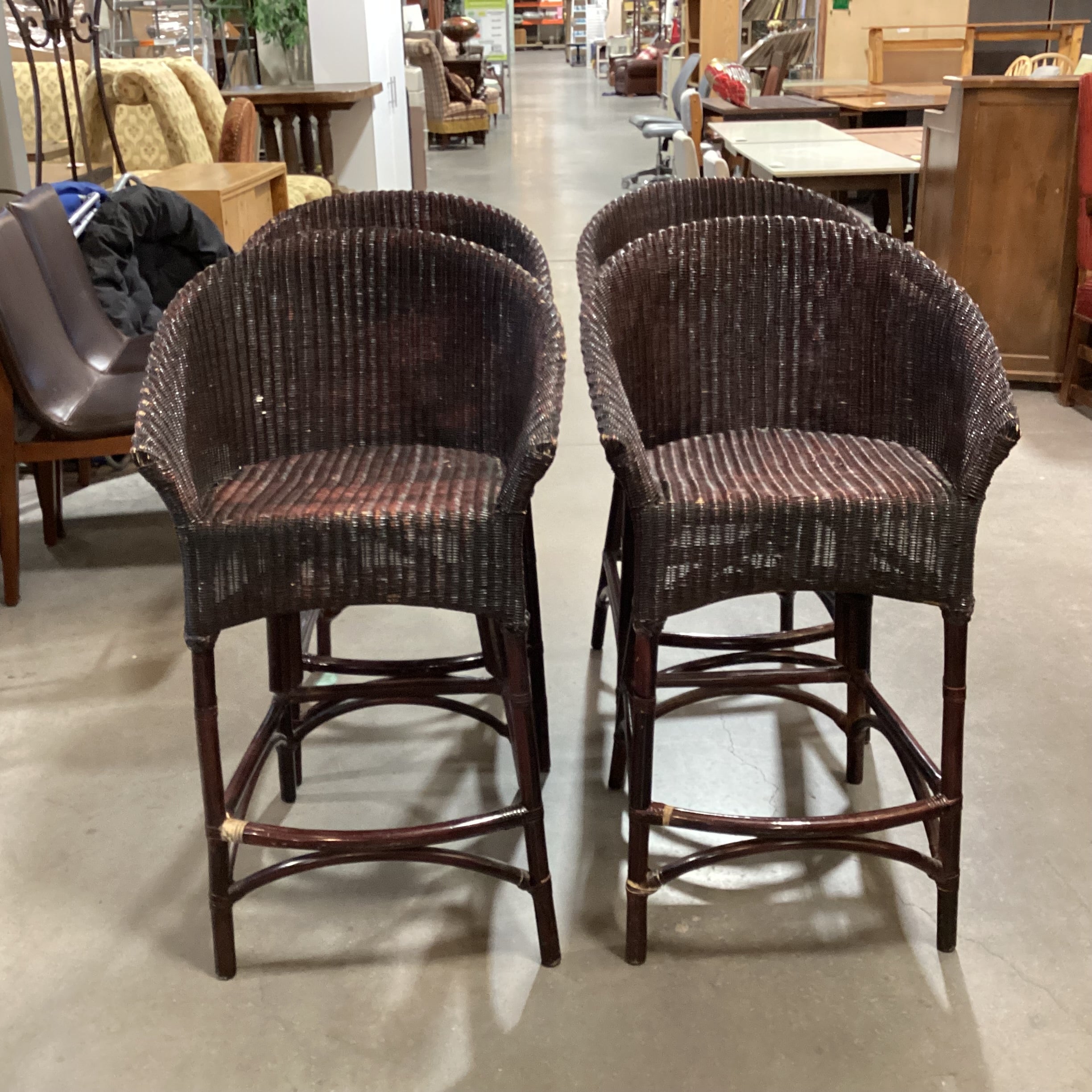 Set of 4 Wicker & Bamboo Dark Finish Barstools 29.5"