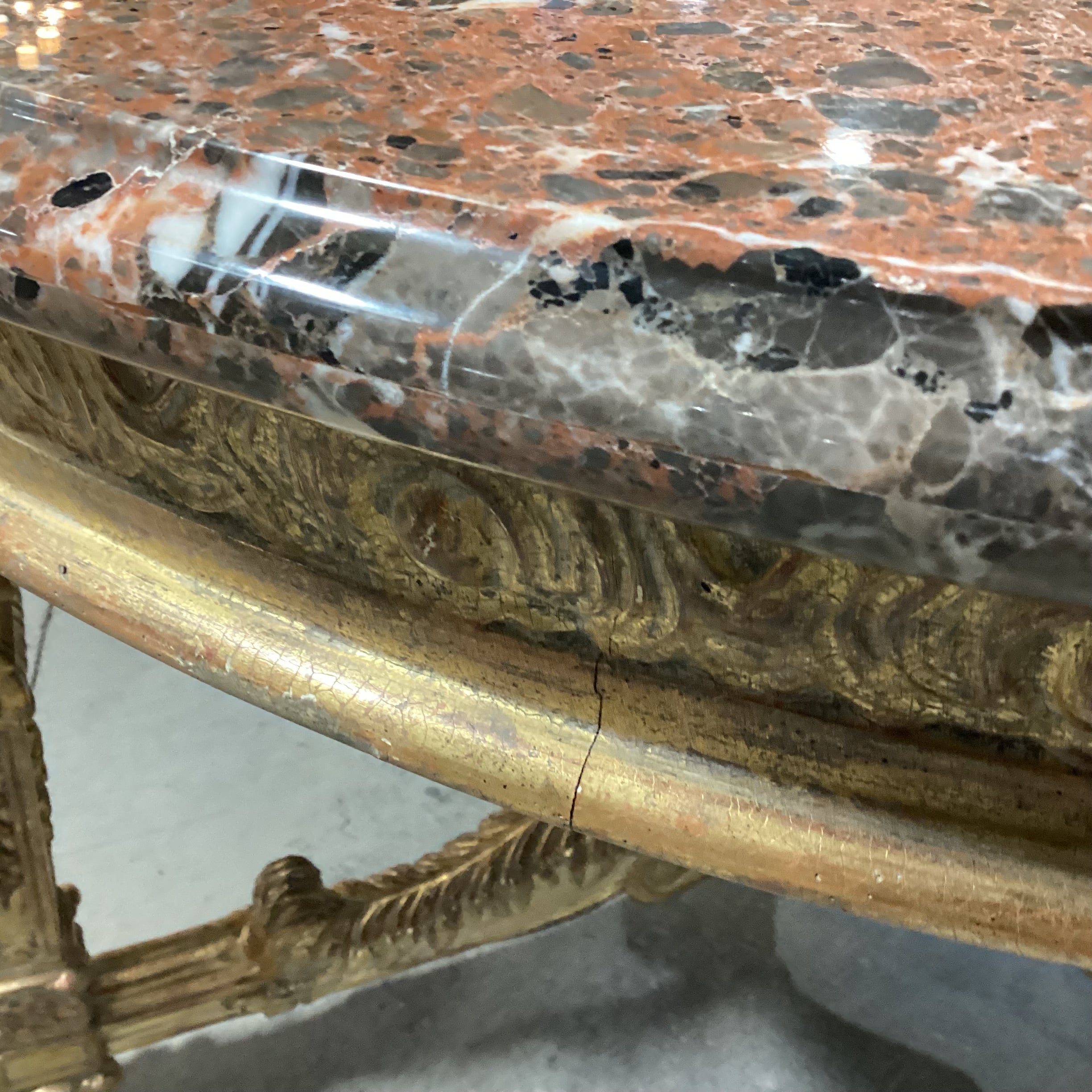Antique Ornate Carved Gilded Wood & Breccia Marble Round Accent Table 52" Diameter x 33"