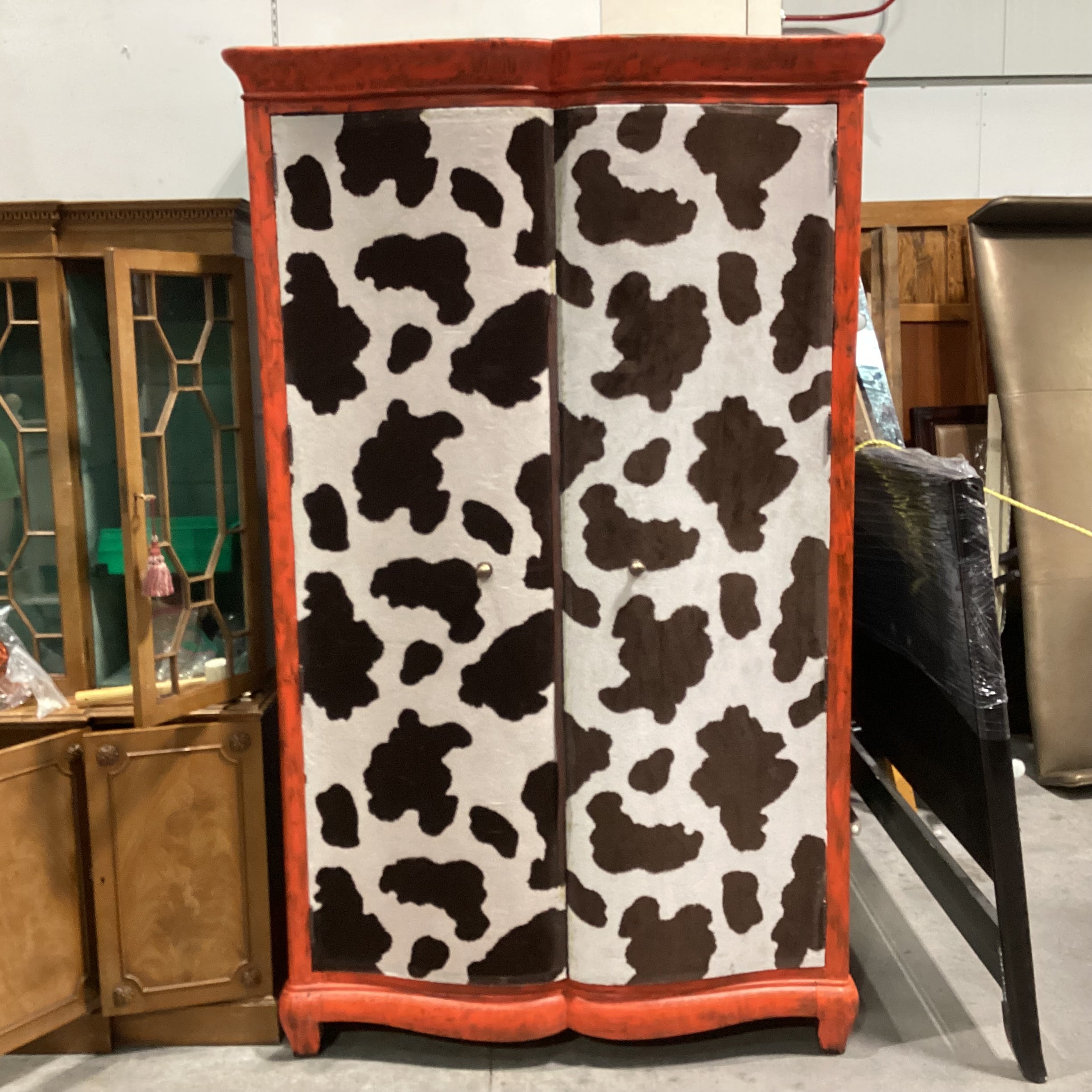 Solid Red Painted Wood with Faux Cowhide 2 Door with Shelves Armoire 50"x 24"x 83"