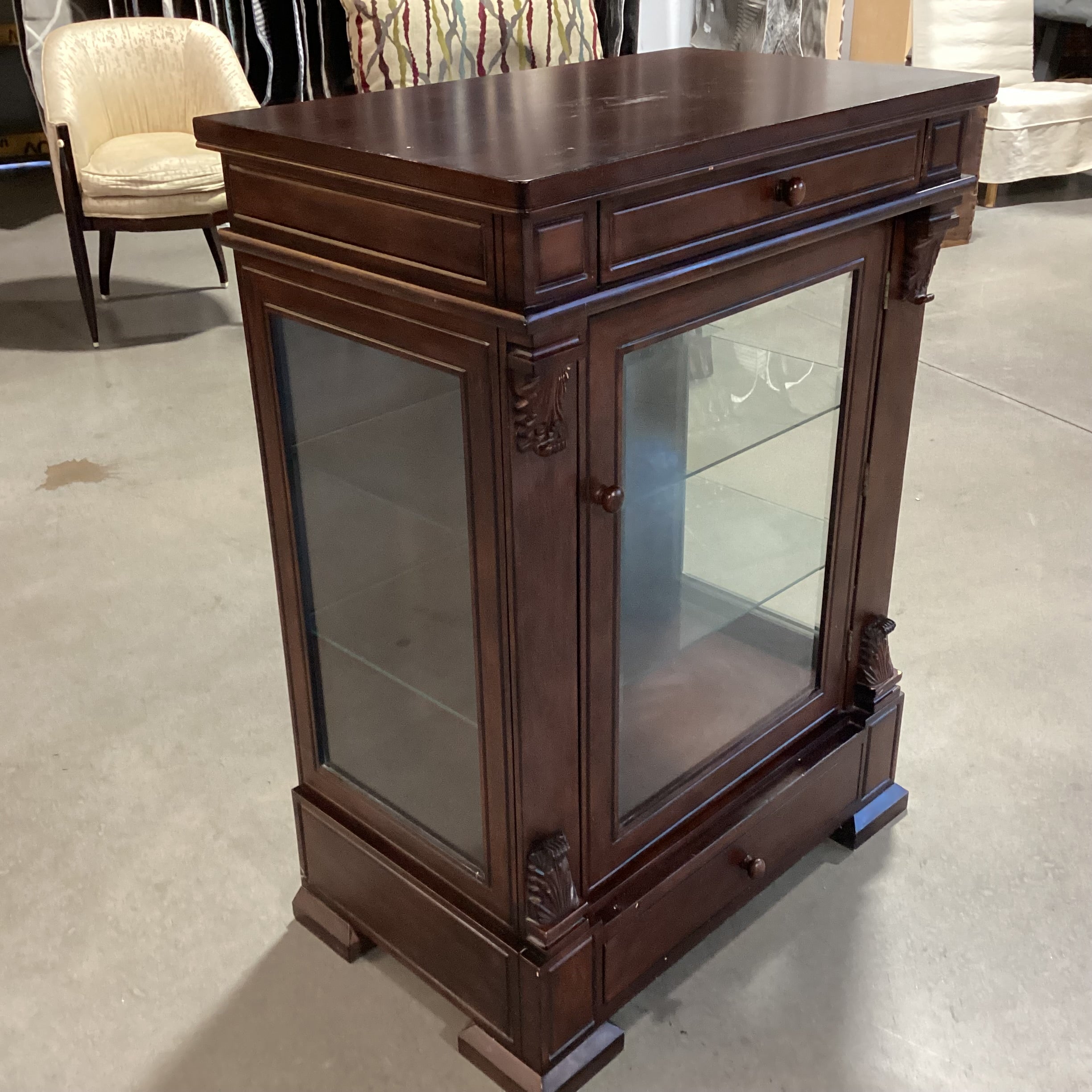 Dark Finish Carved & Glass 2 Drawer & Shelves Display Cabinet Bookcase