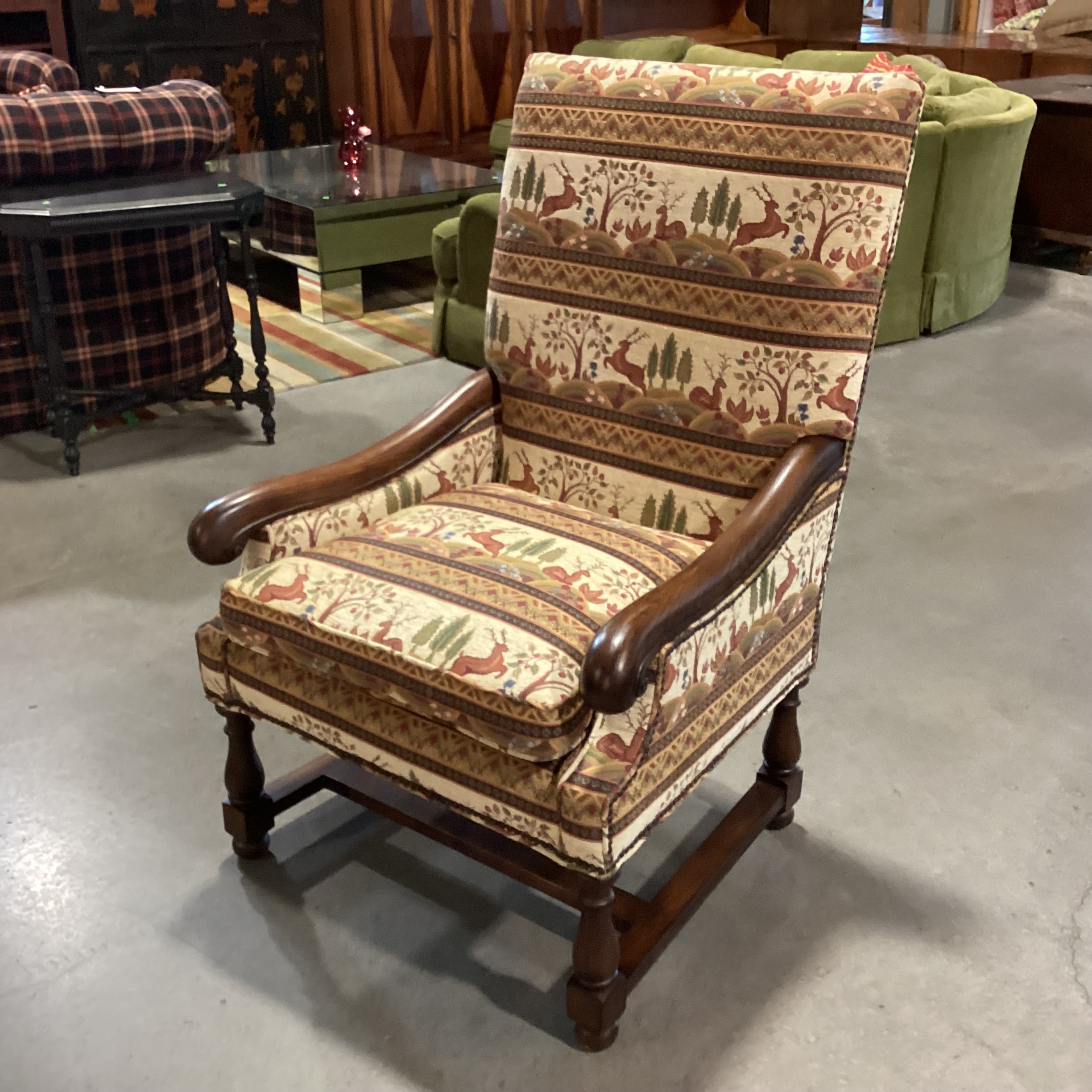 Dindy Foster Interiors Custom Deer Floral Nailhead & Carved Wood Highback Chair 31"x 31"x 47"