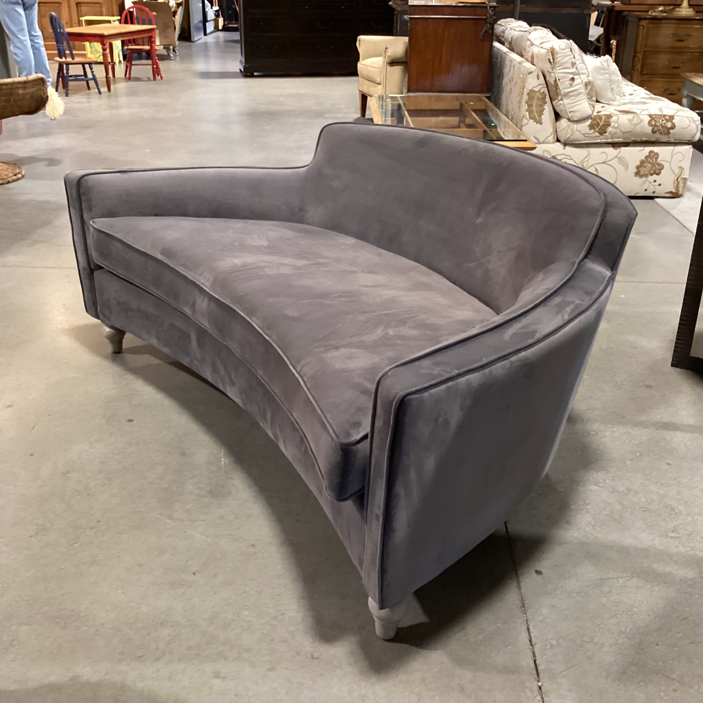 Grey Plush Velvet with French Washed Oak Feet Curved Sofa 70"x 41"x 29"