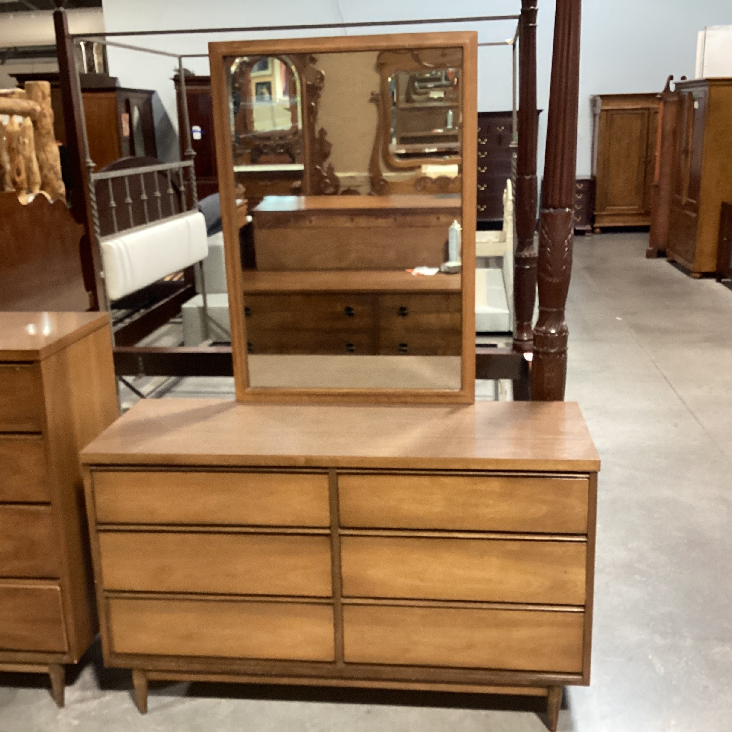 Mid Century Walnut & Veneer 6 Drawer with Mirror Dresser 52"x 18"x 72"