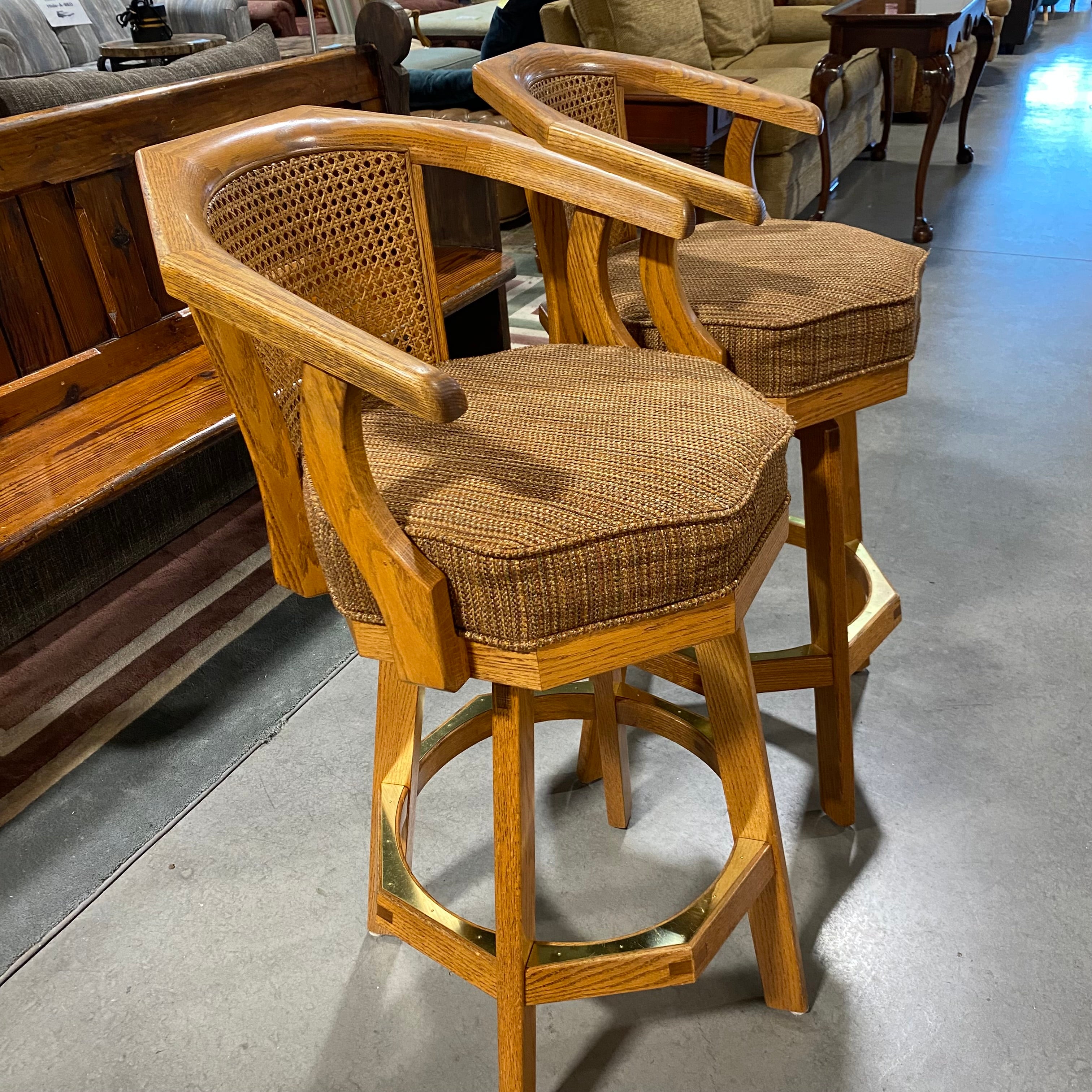 SET of 2 Solid Wood Brass Accents Rust/Gold Upholstered Seat Caned Back Bar Stools 22.5"x 21"x 40"