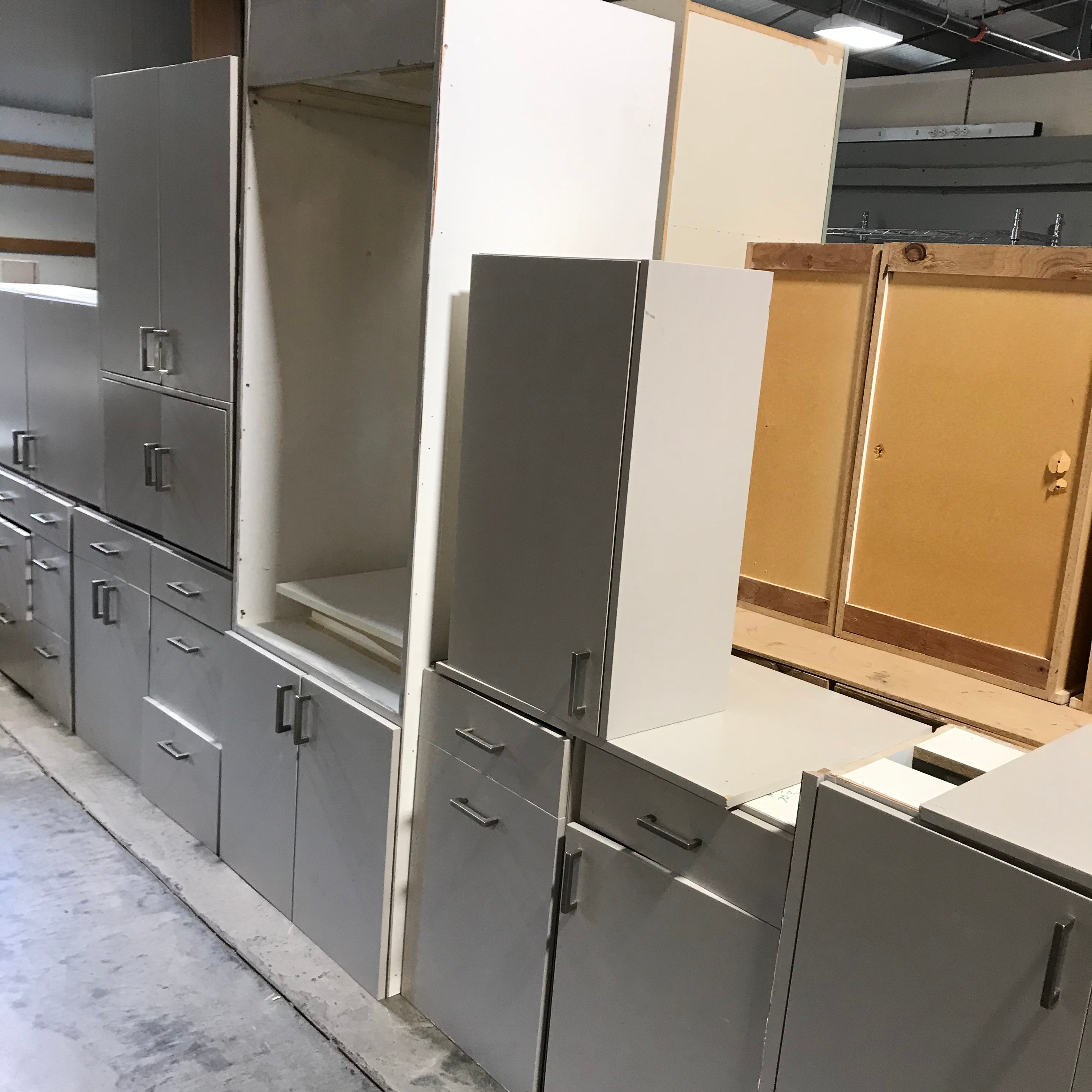 11 Piece Custom Gray Laminate with Contempory Brushed Nichol Hardware Kitchen Cabinet Set