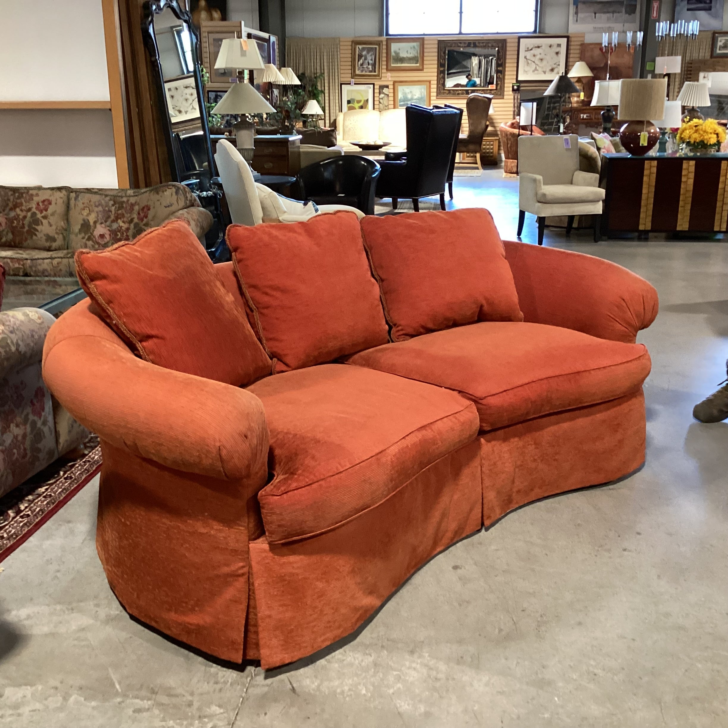Hickory White Burnt Orange & Gold Raised Ribbed Texture Down Mix Curved Sofa 89"x 48"x 31"