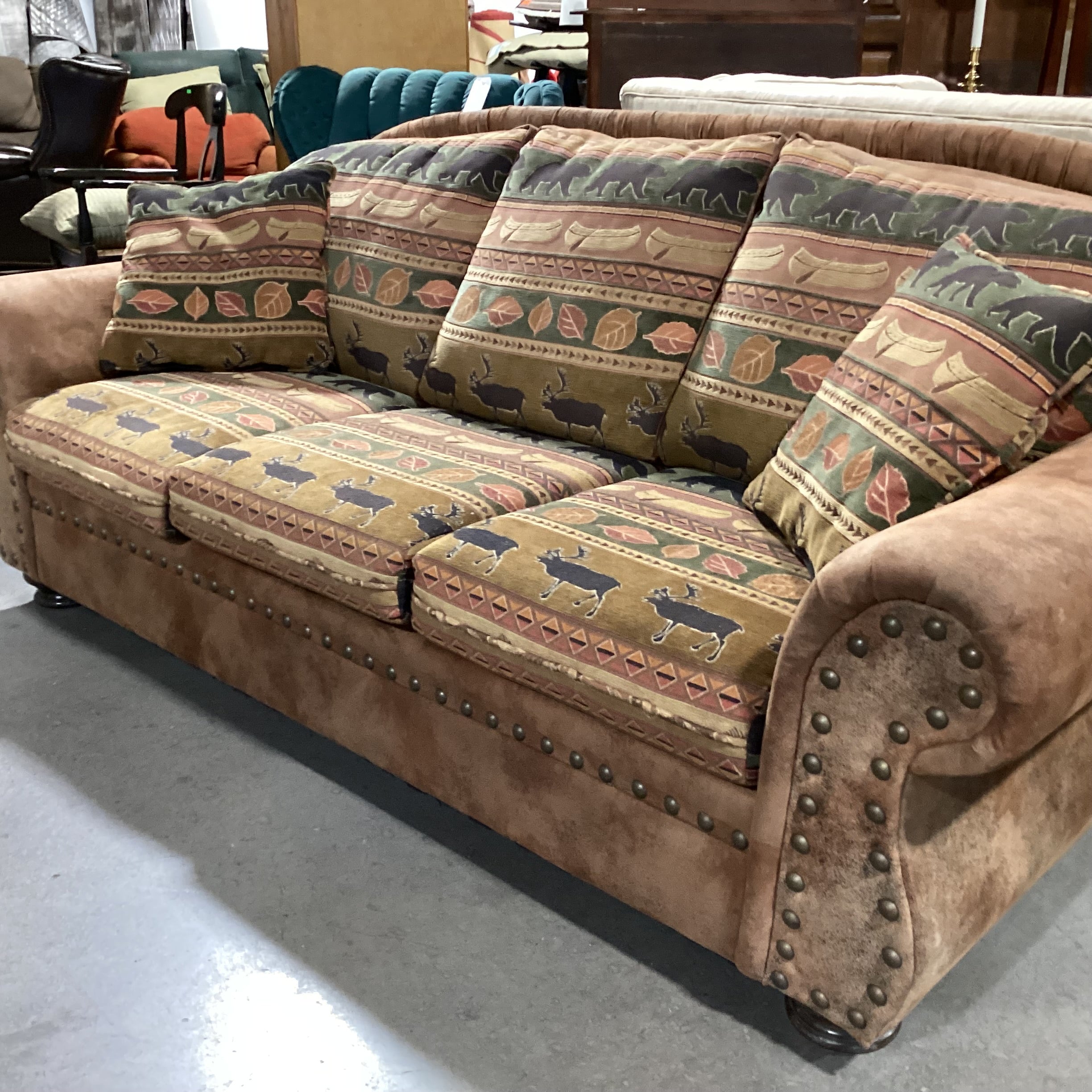 Ultra Suede Animal Cabin Upholstery Nailhead Sofa 90"x 38"x 38"