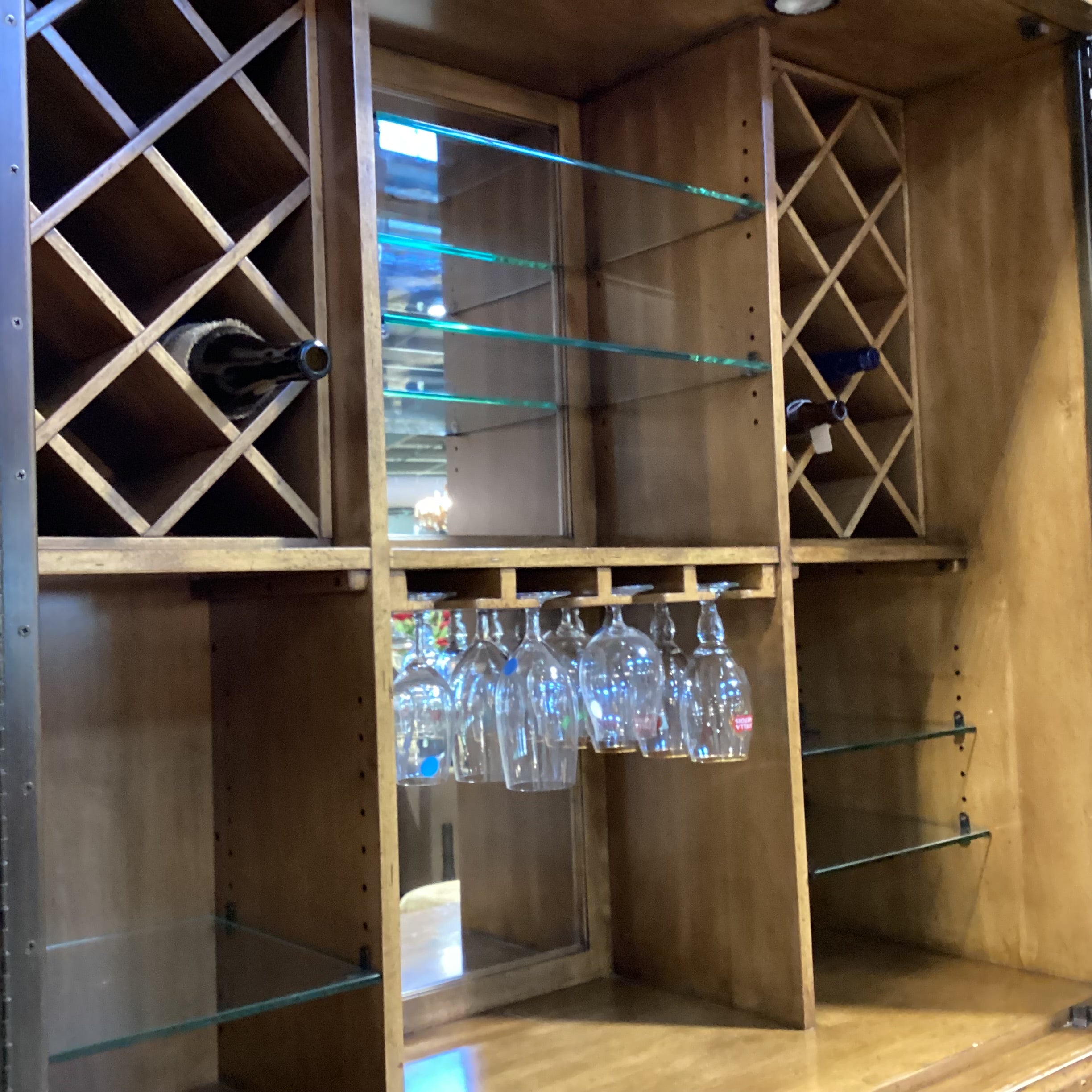 Lexington Distressed Finish Wood 5 Drawer 2 Pullouts with Bar Cabinet 2 Piece Hutch 56"x 25"x 89"