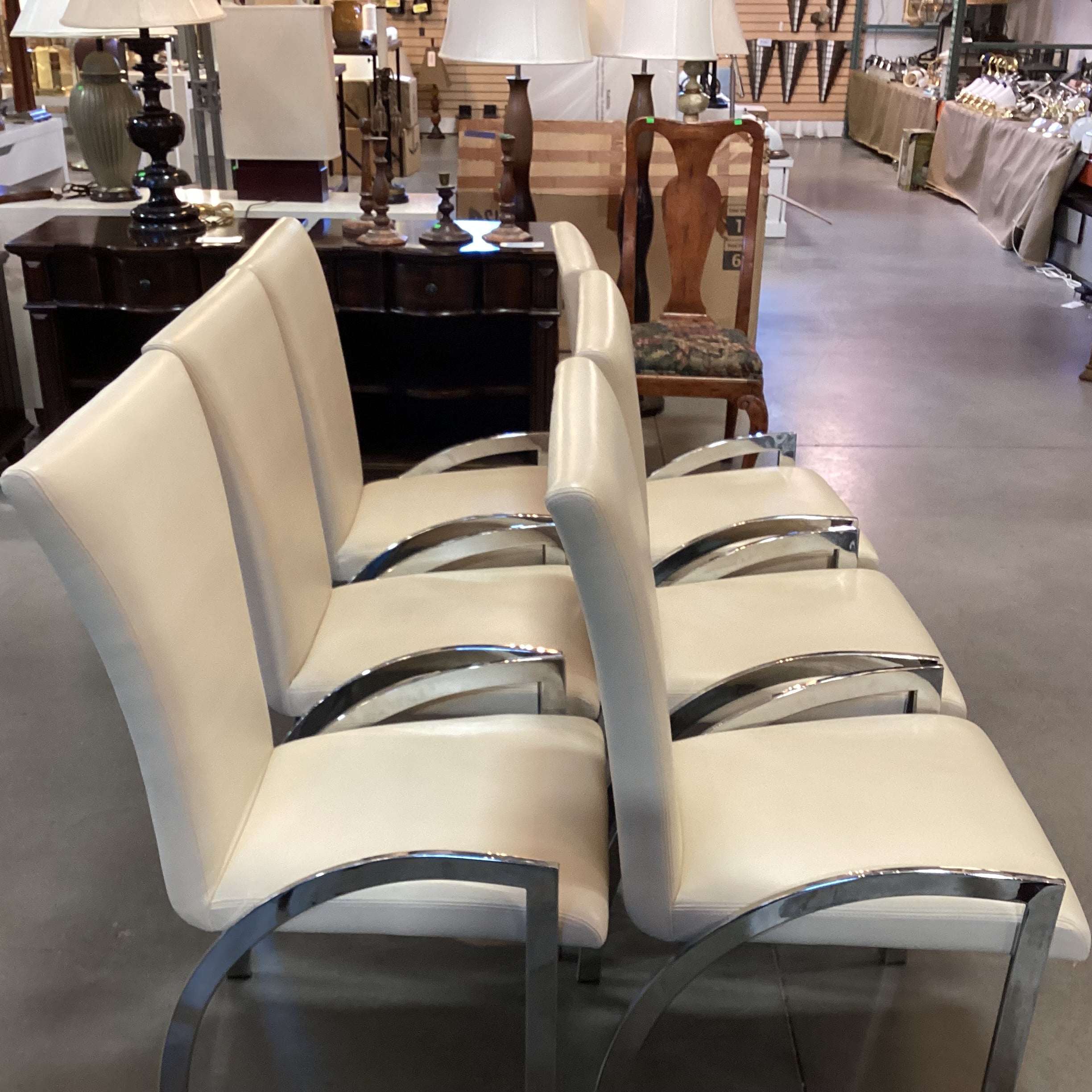 SET of 6 Elite Manufacturing Modern Blonde Leather & Chrome Dining Chairs 20"x 24"x 40"