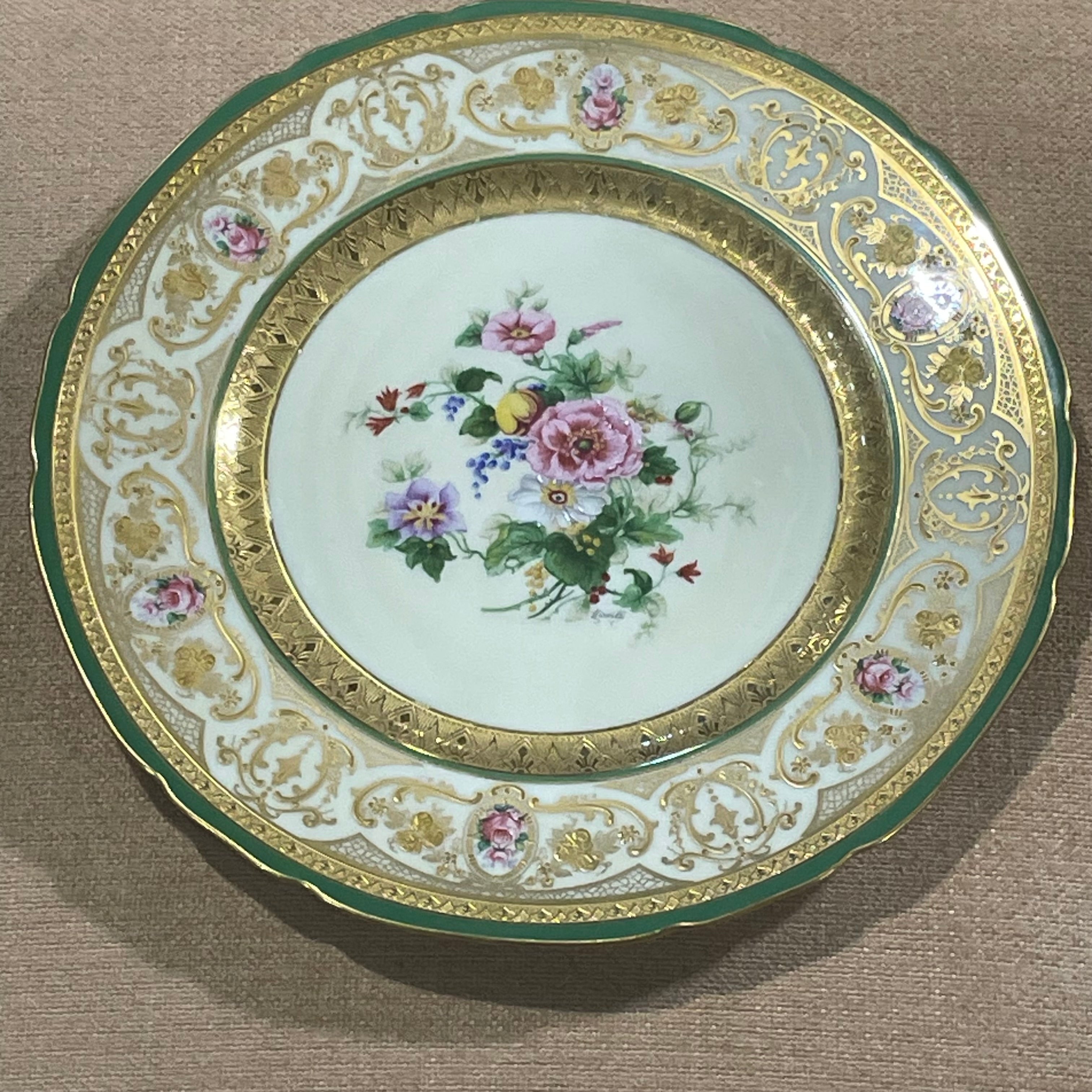 Set of 10 Antique Ahrenfeldt 10.75" Gold Encrusted Handpainted Porcelain Dinner Plates/Chargers, Made in France