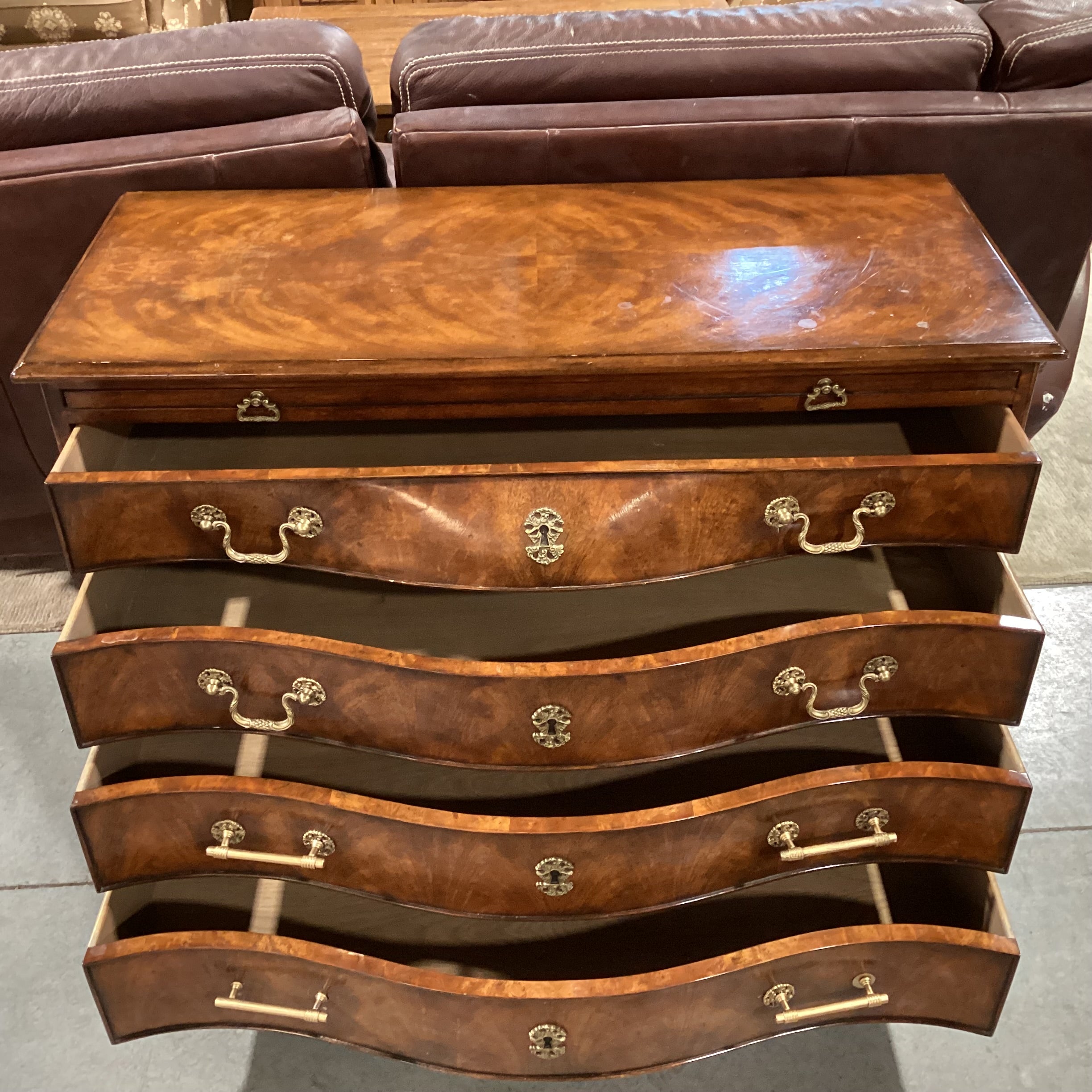 Theodore Alexander Flamed Mahogany Veneer & Carved Wood Ornate Brass Accent with Leather Top Pullout 4 Drawer Chest 42.5"x 18.5"x 32"