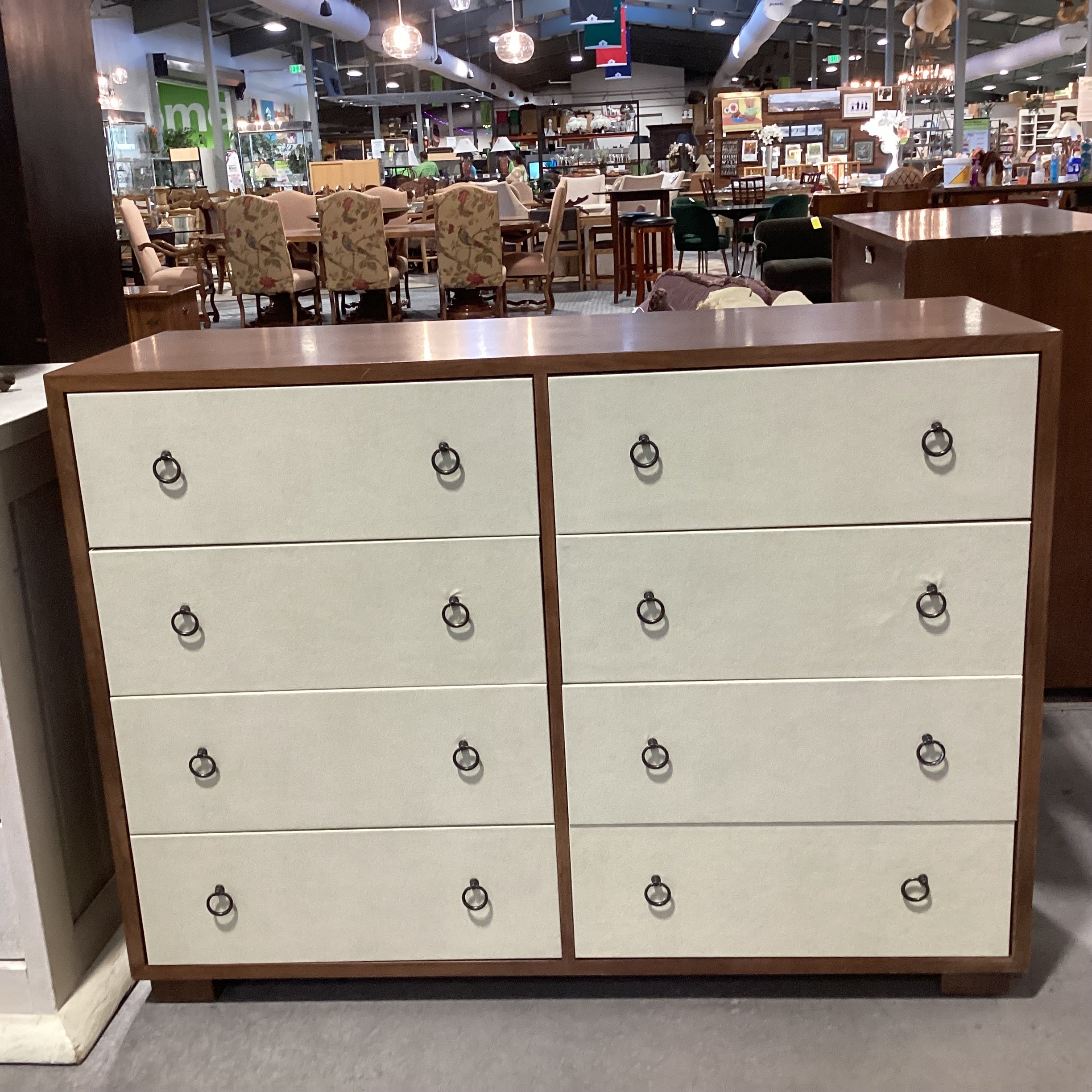 Finished Wood With Cream Faux Leather 8 Drawer Dresser 54"x 22"x 42"