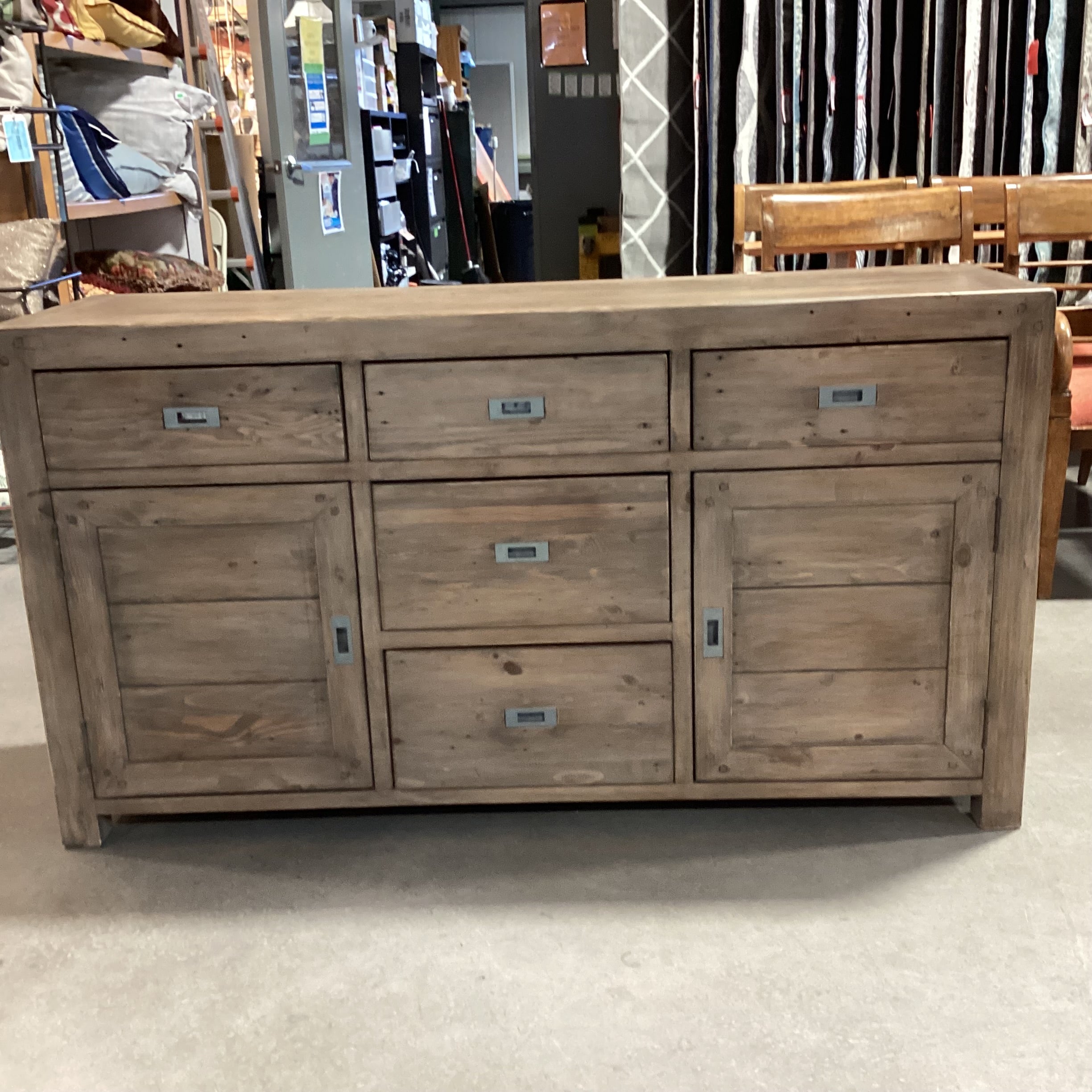 Rustic Reclaimed Wood Campaign Style 2 Door with Shelves 5 Drawer Sideboard 61"x 18"x 33.5"