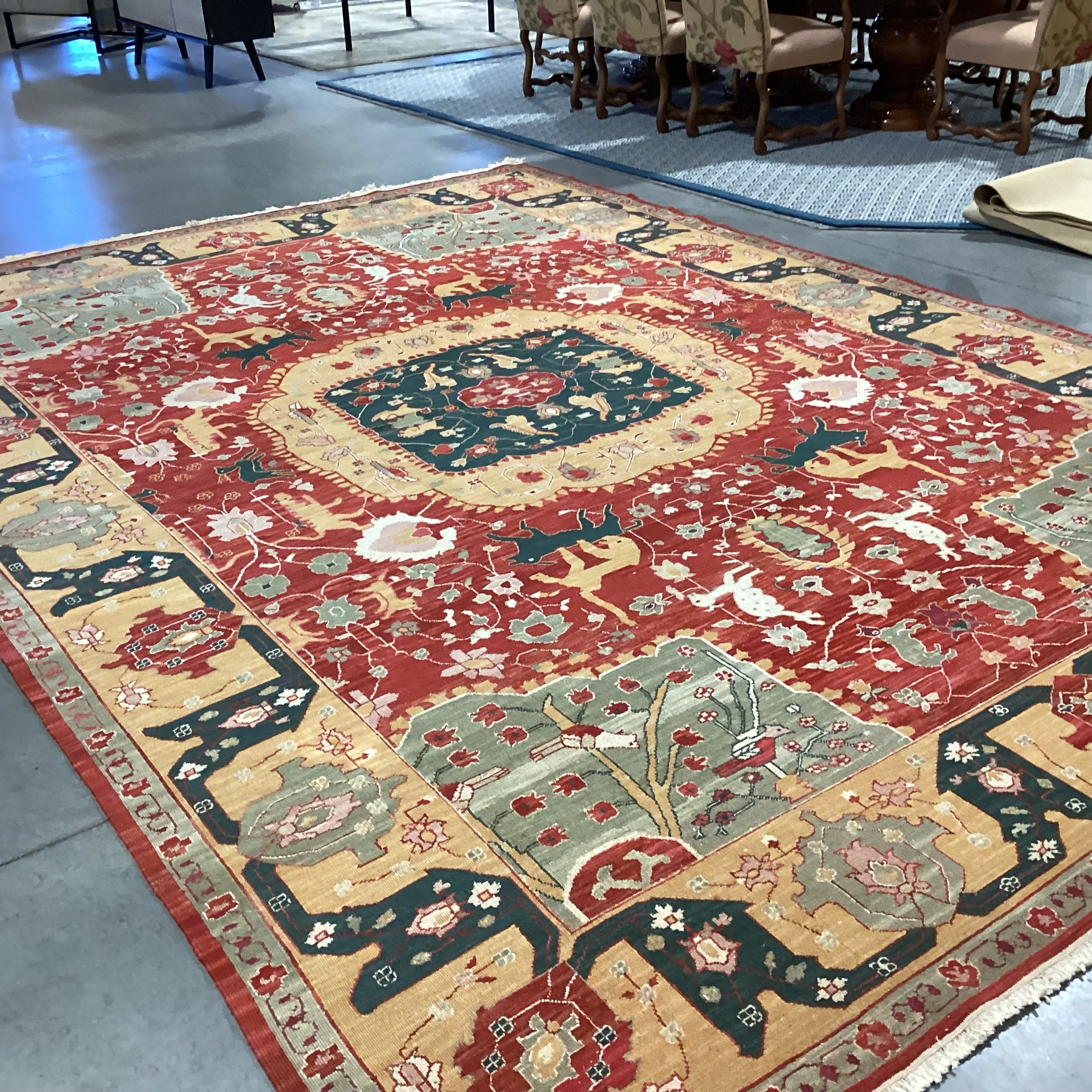 Nourmak Wool Red Gold Green Floral Fauna with Soumak Weaving Rug 9'10"x 14'3"