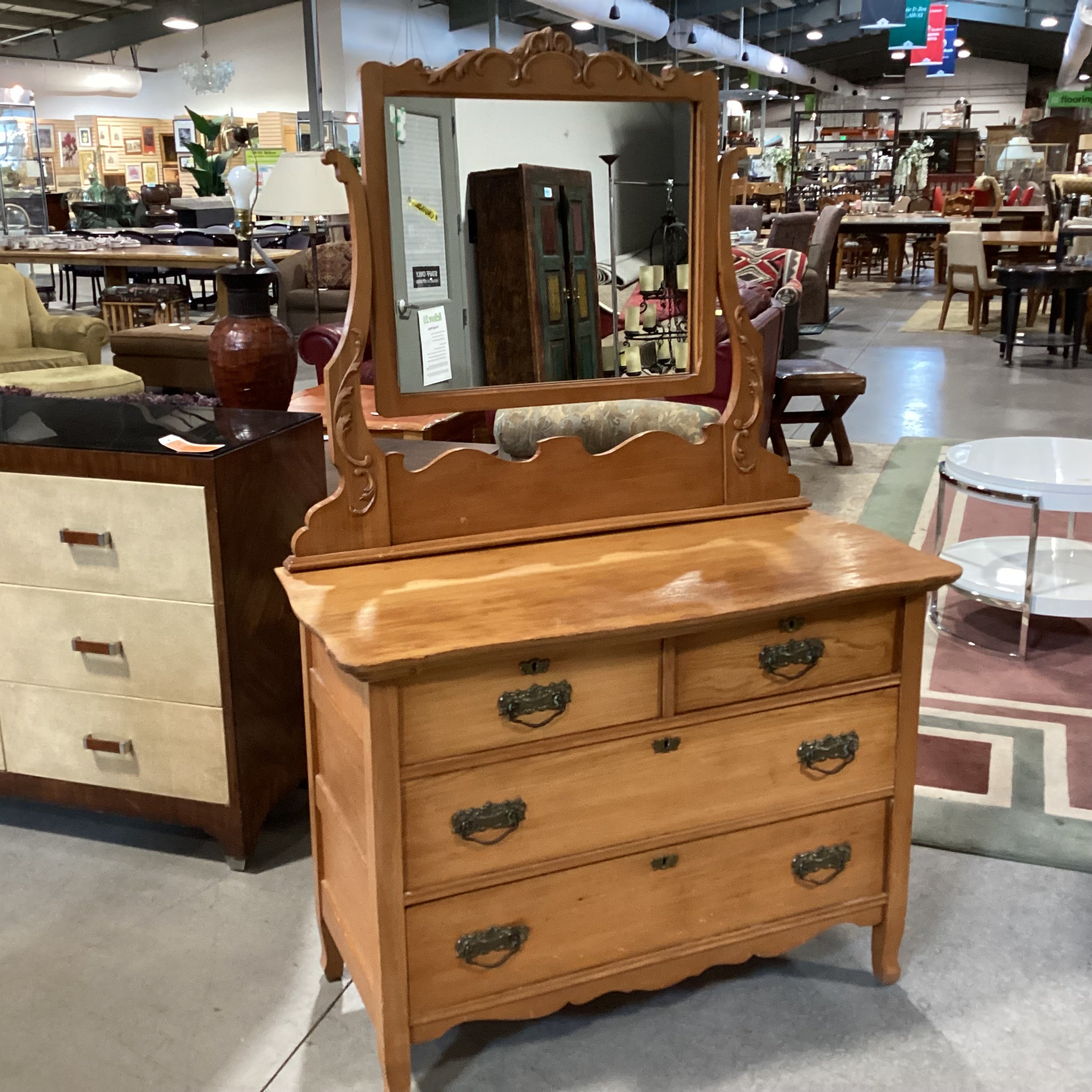 Antique Carved Wood 4 Drawer with Mirror Light Wood Finish Chest 43"x 21"x 67"