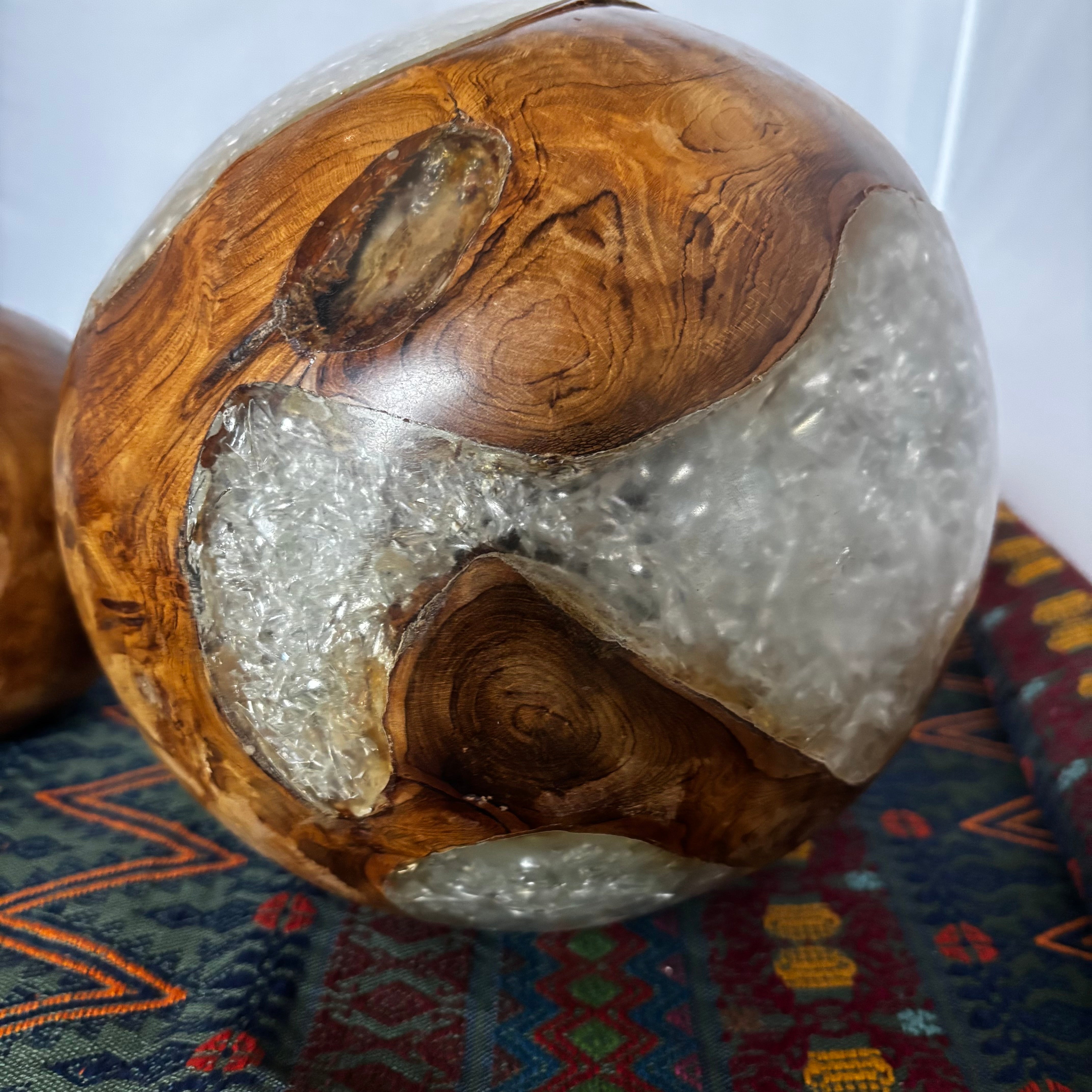 Set of 2 Decorative Teak Root Ball  with  Pearlescent Resin Sculptures, 6" and 9"
