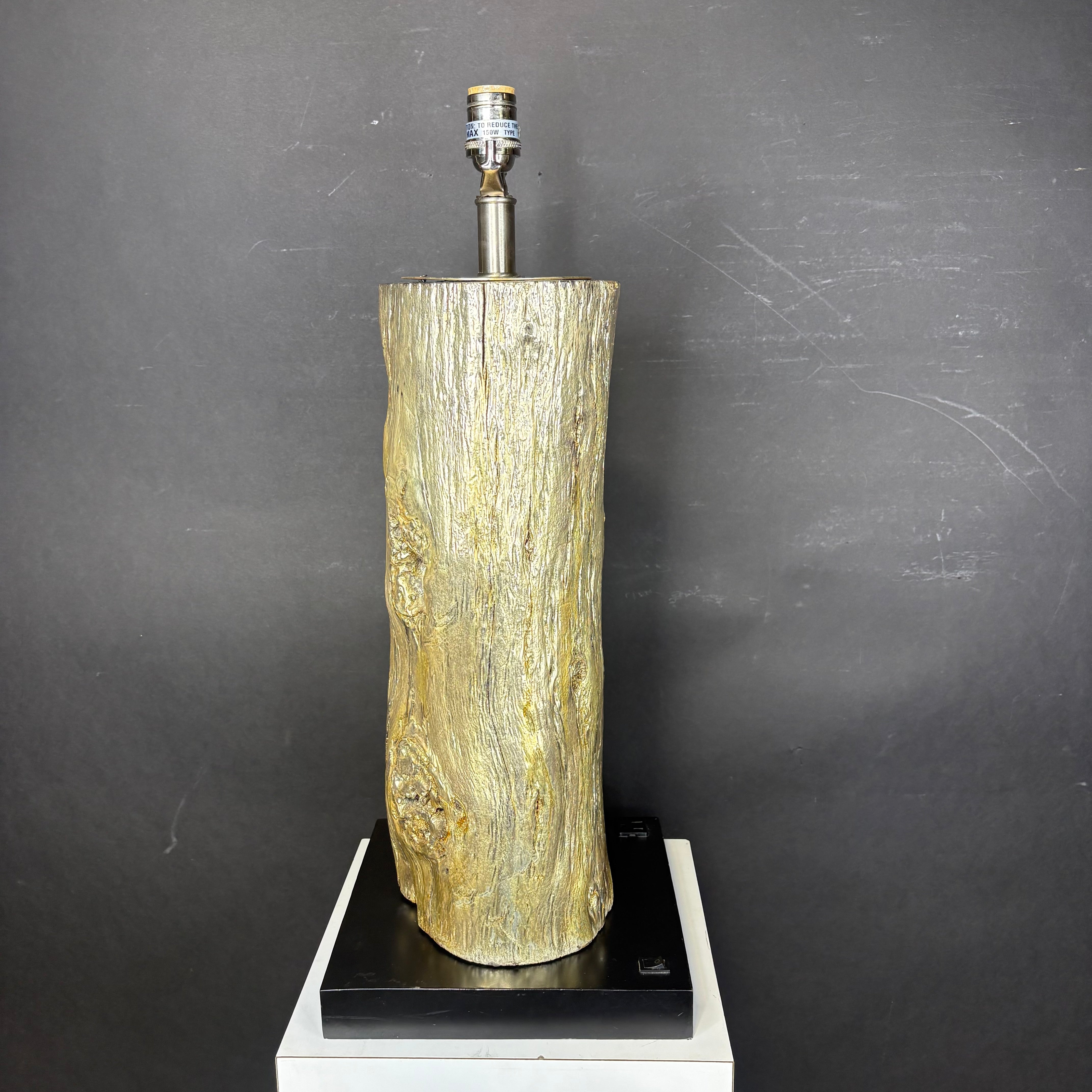 Modern Rustic Silver Gilt Log with Outlet Port Table Lamp 10”x 10”x 20”