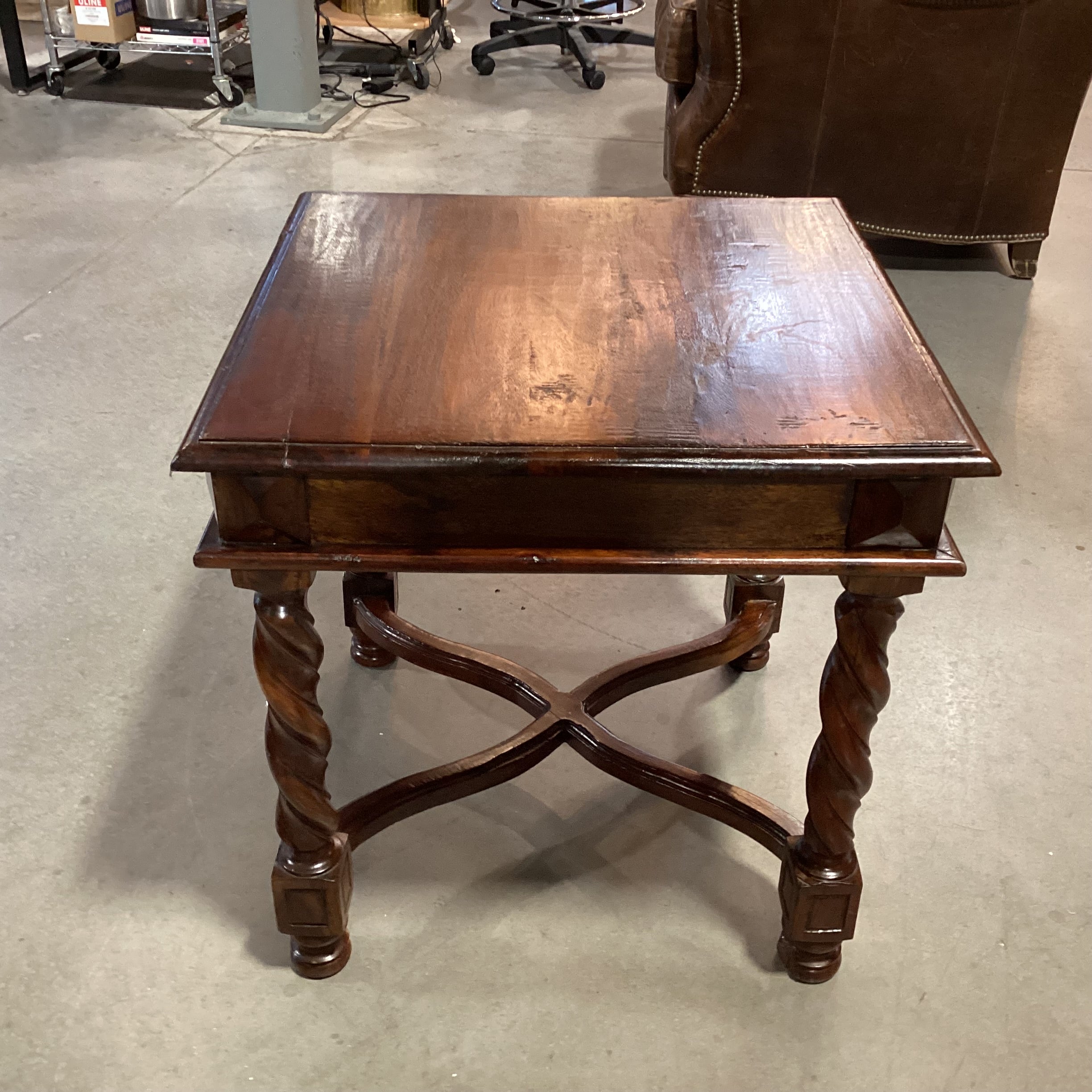 Dark Finish Ornate Carved Twist & Trestle End Table 24"x 24"x 24"