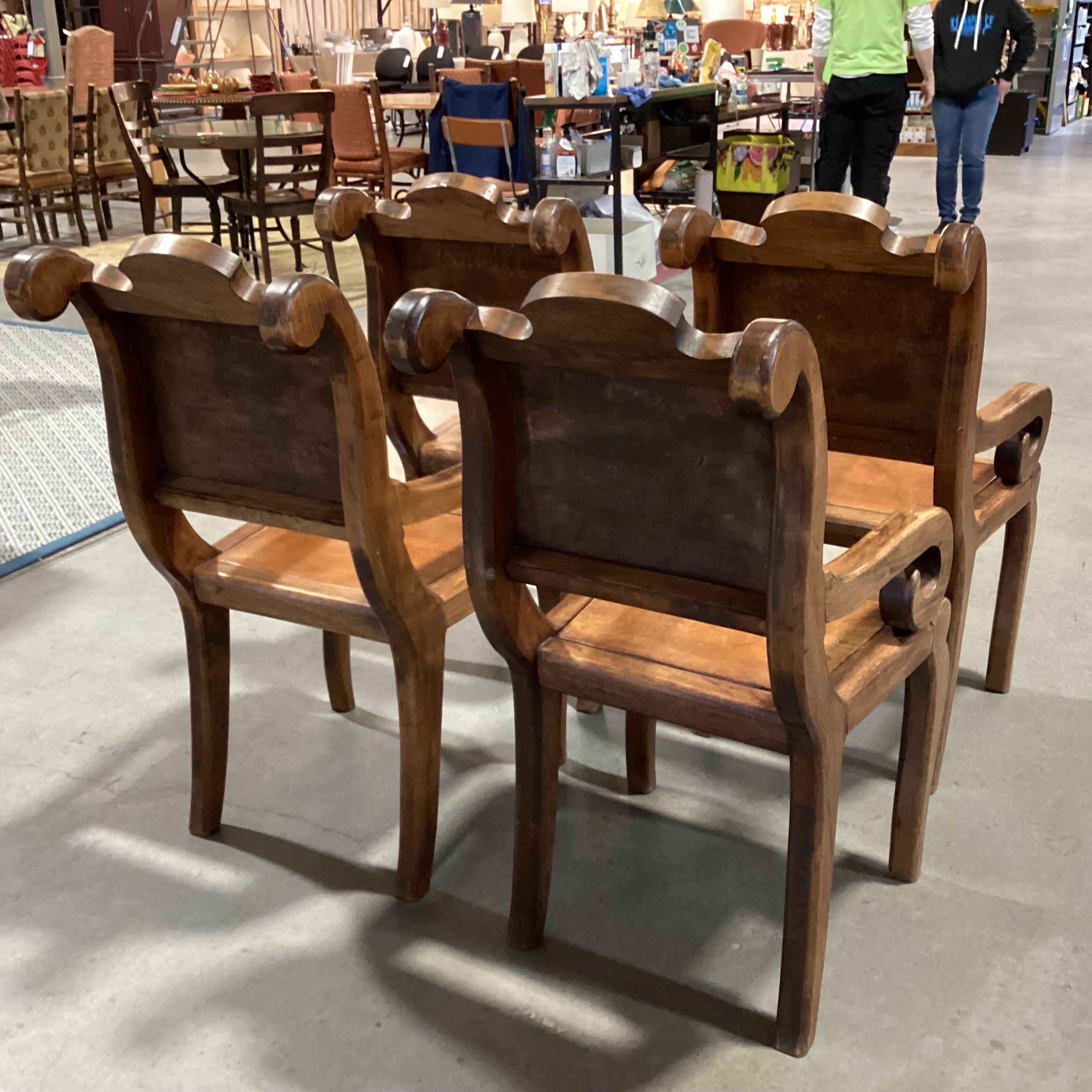 SET of 4 Rustic Distressed Carved Wood & Leather Nailhead Scroll Arm Dining Chairs 22"x 28"x 41"