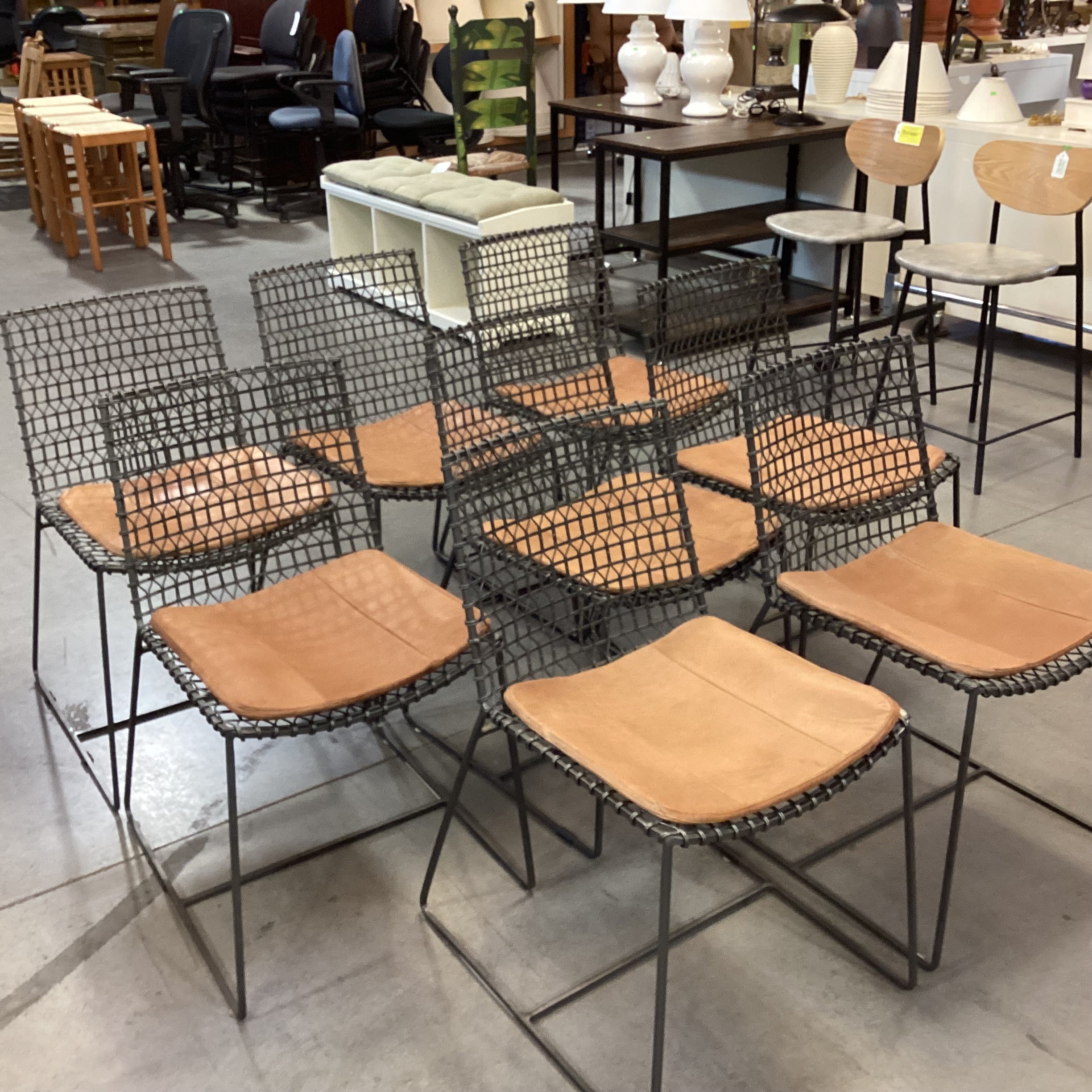 Set of 8 Crate & Barrel Tig Metal & Leather Cushion Dining Chairs  18"x 21"x 31"