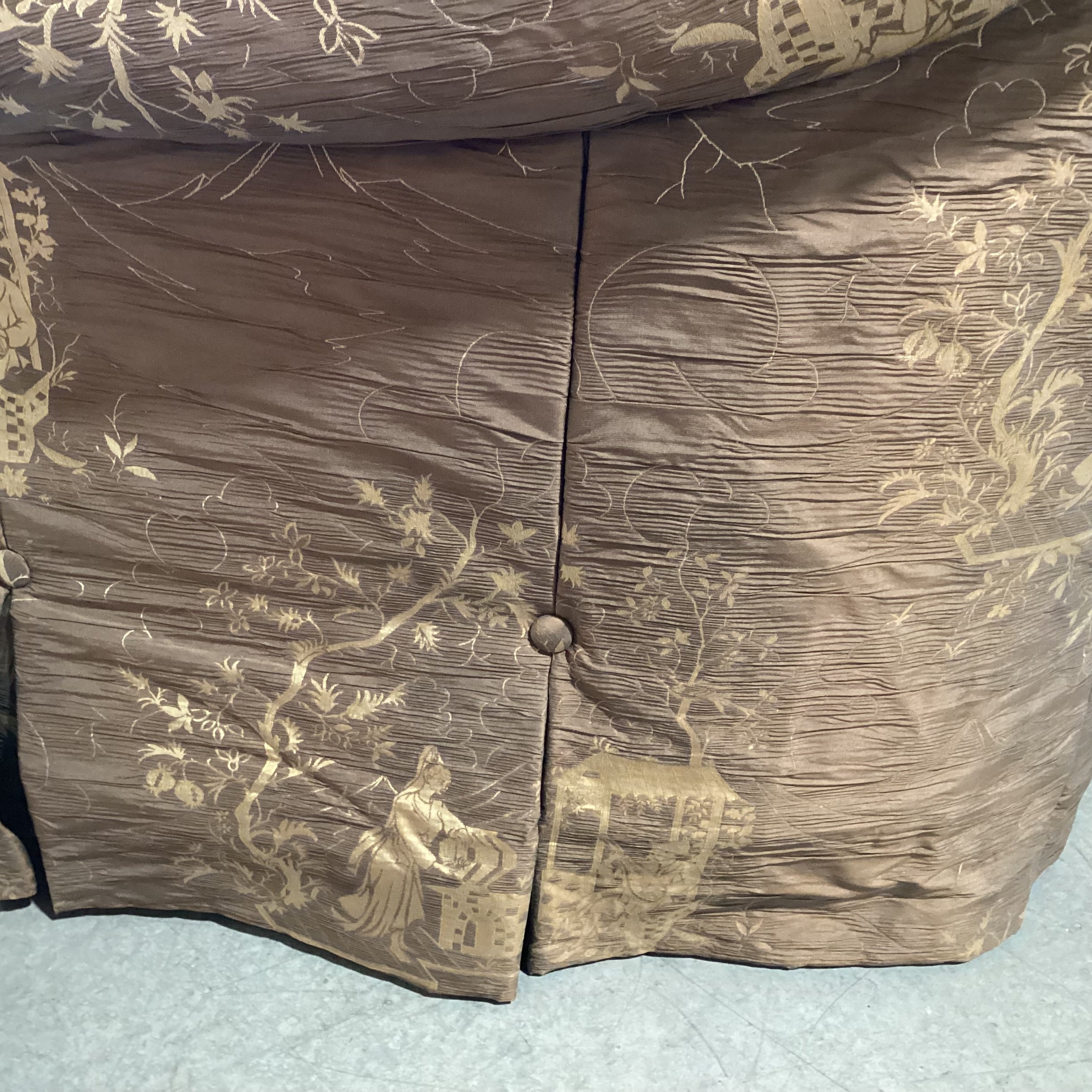 JJ Custom Brown Gold Asian Scene Silky Crinkle Upholstery Tailored Button Skirt Chair 35"x 36"x 32"