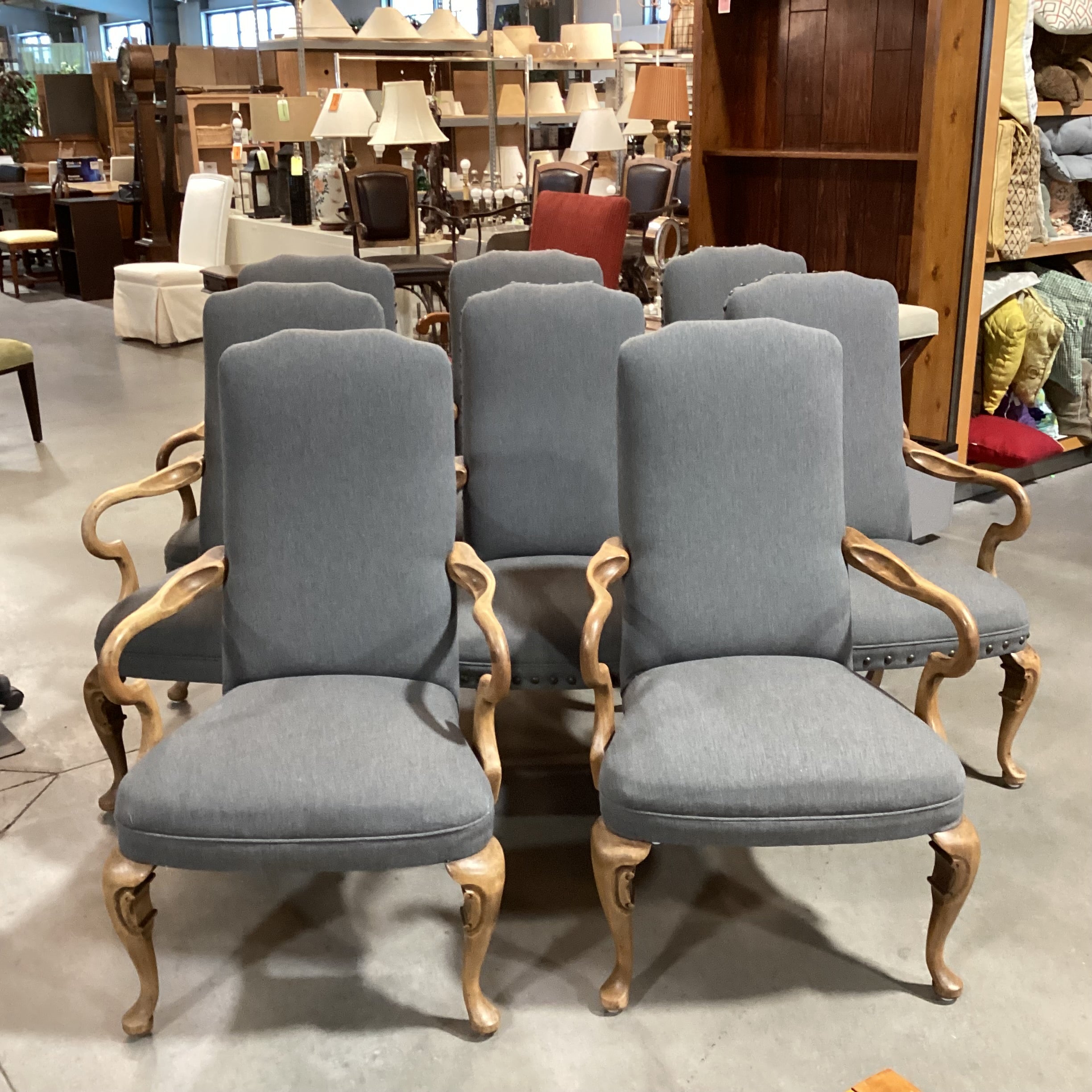 SET of 8 Antique Carved Wood with Reupholstered Grey Wool Blend Dining Chairs 27"x 24"x 43"  Chairs