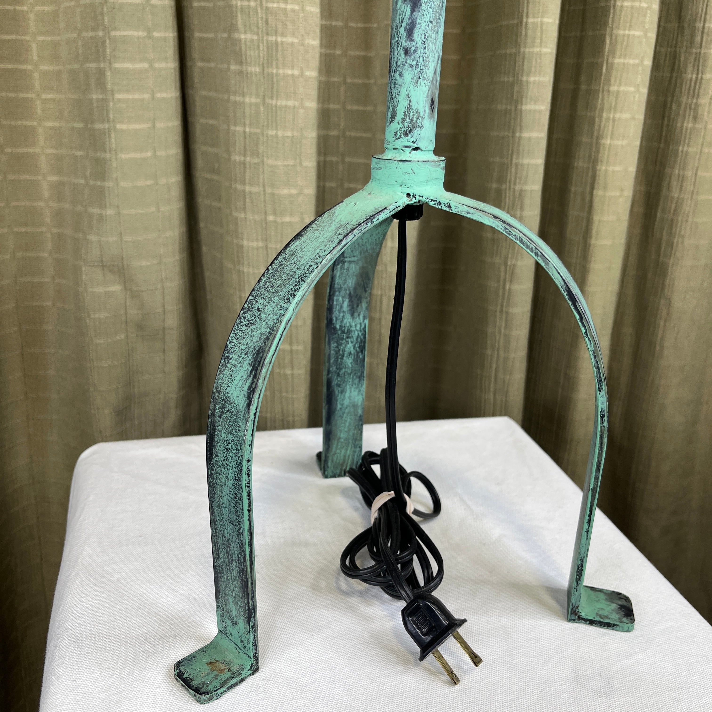 Distressed Turquoise Brushed Iron Candlestick Tripod Base with Shade Table Lamp 9"x 9"x 31"