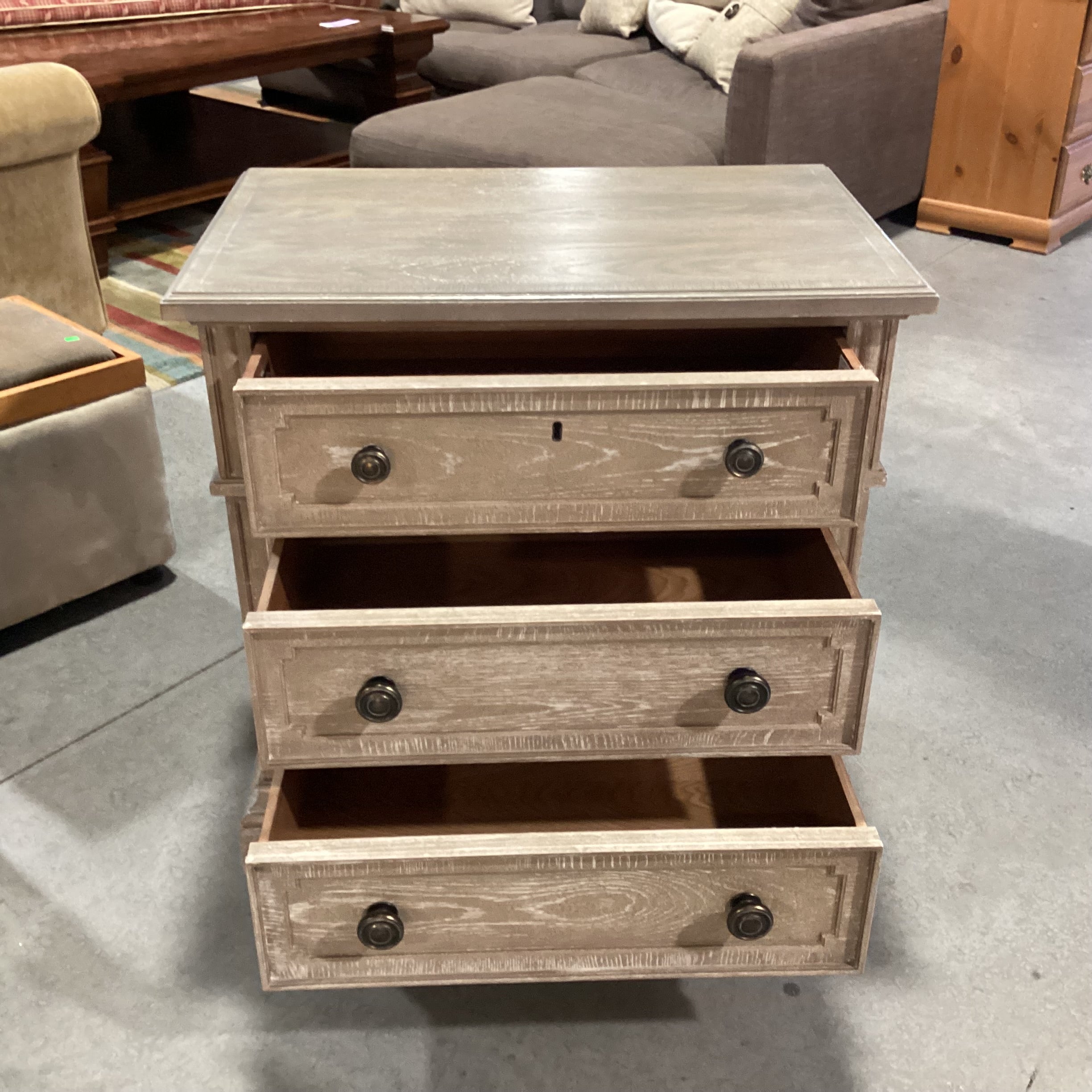 Stanley Furniture Wethersfeld Grey Washed Wood with Carved Detail 3 Drawer Nightstand 29.5"x 19"x 30"