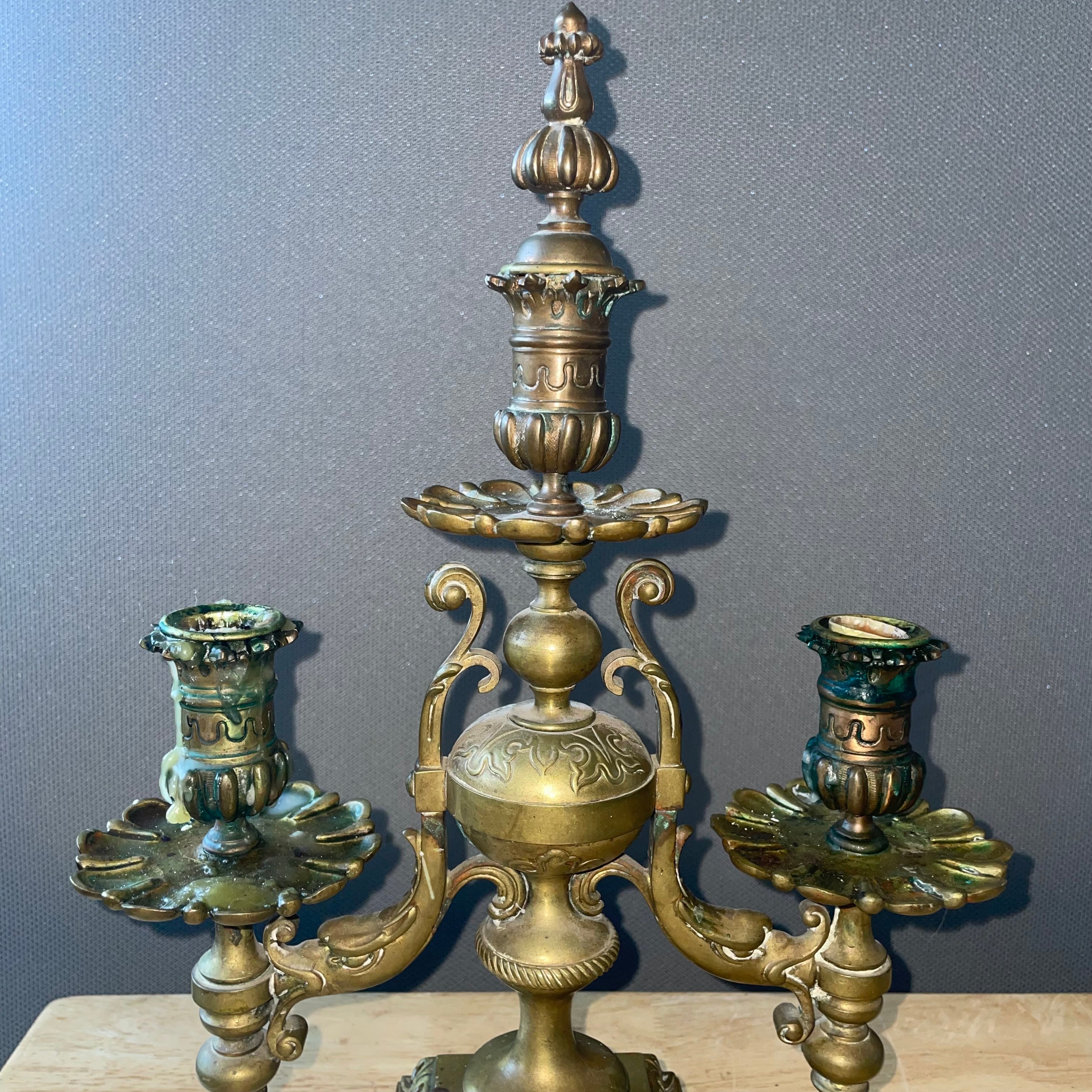 Antique French Empire Style Elaborate Brass/Bronze Candelabras, Pair, 10.25"x 4.25"x 15"