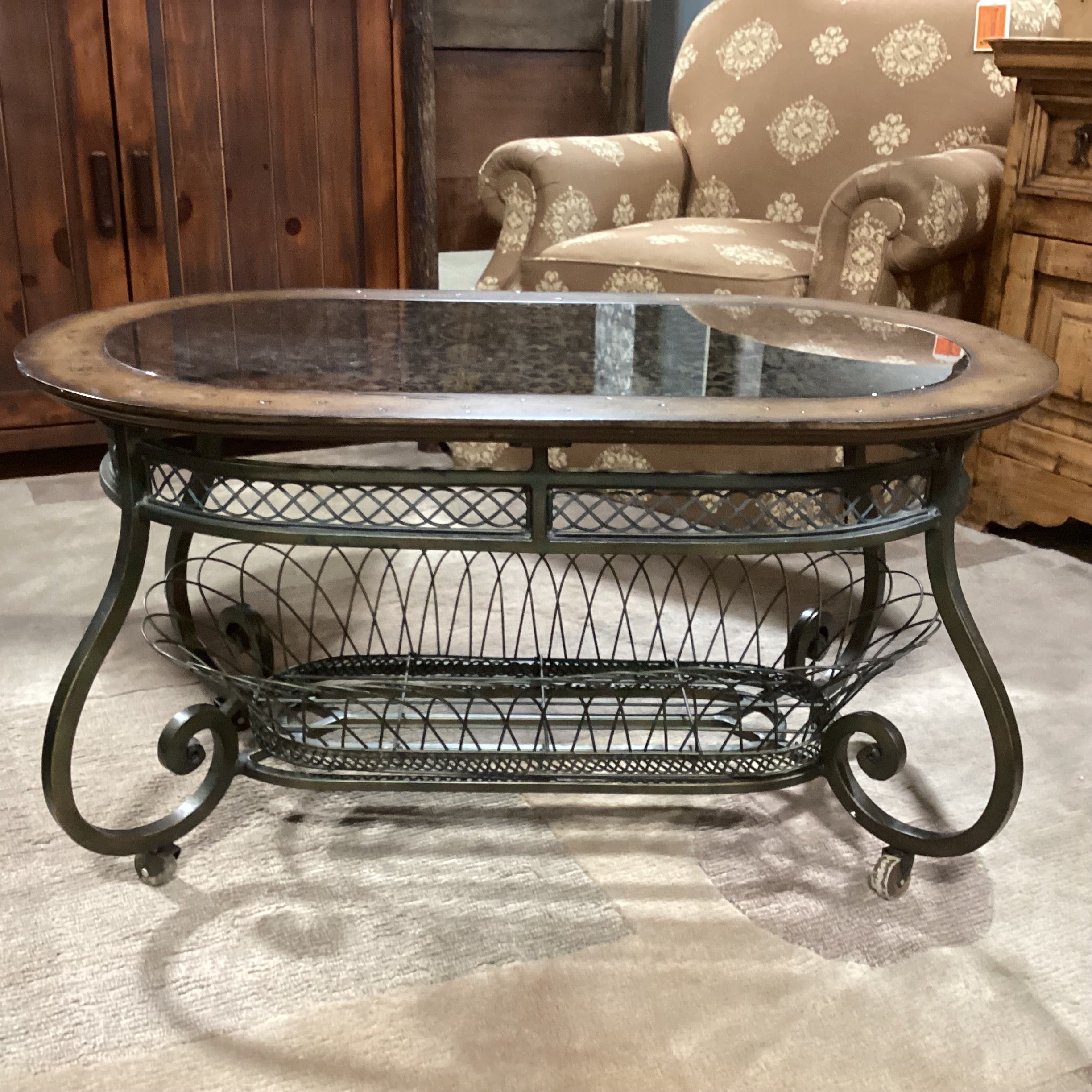Distressed Wood & Metal with Black Detailed Leaf Design Glass on Casters Coffee Table 38"x 21.5"x 20"
