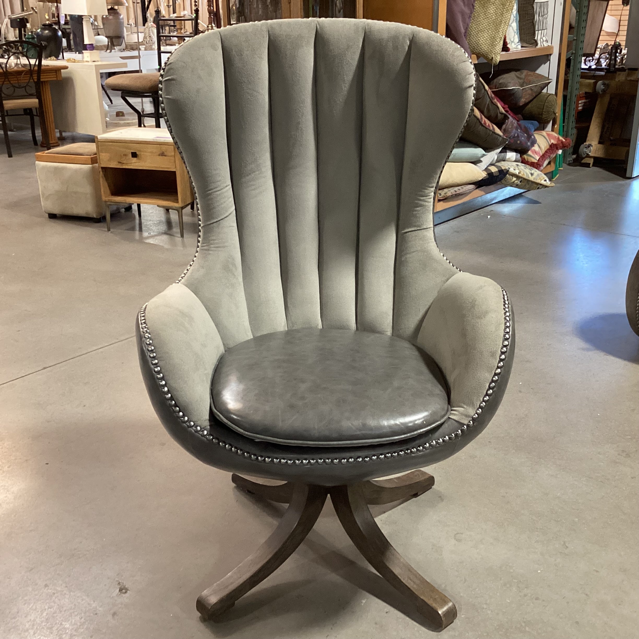 Uttermost Linford Clouded Zinc Leather Nailhead & Grey Velvet Swivel Chair 31"x 31"x 48"