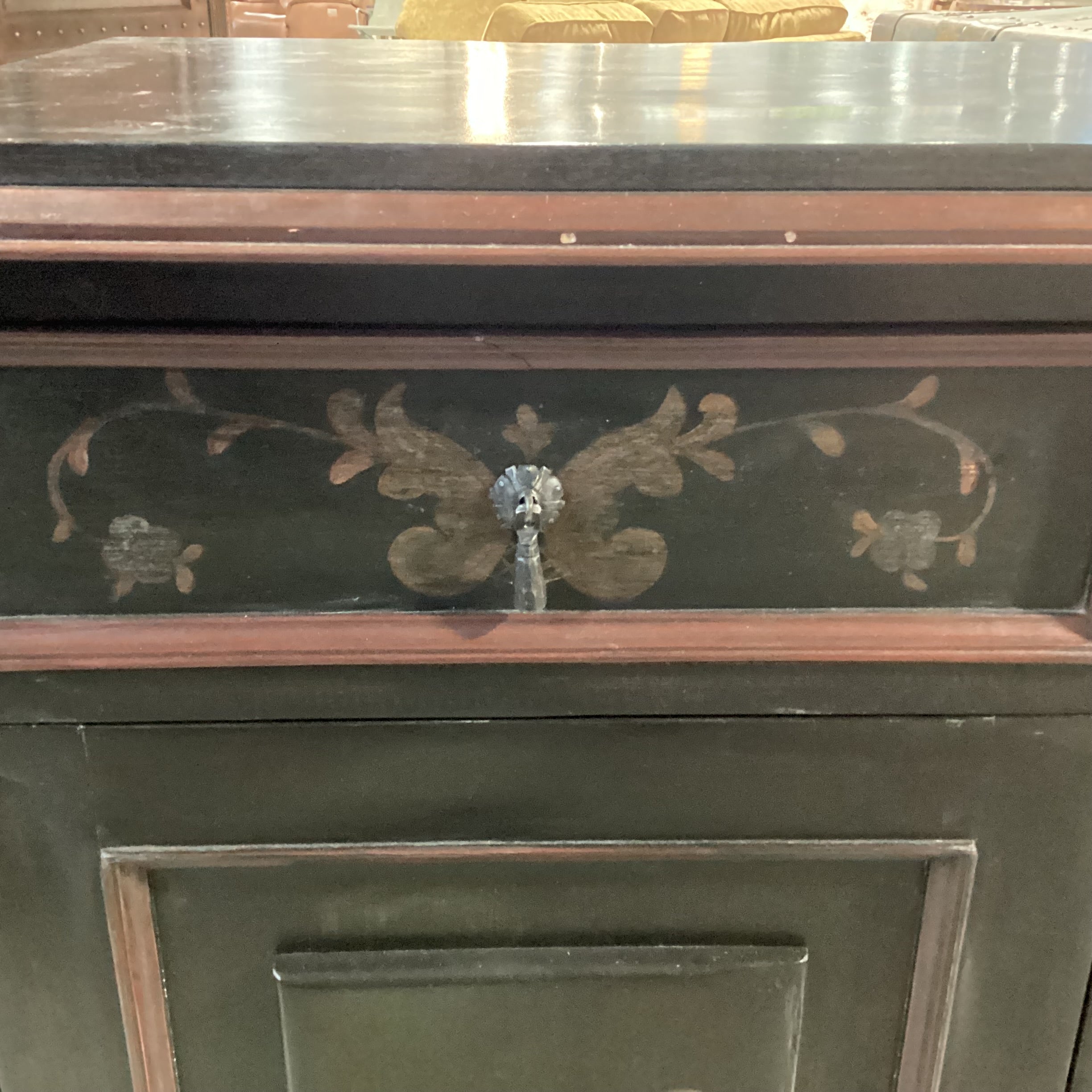 Black & Red Antiqued with Gold Ornate Painted Detail 3 Drawer 3 Door with Shelves Sideboard 60"x 21"x 41"