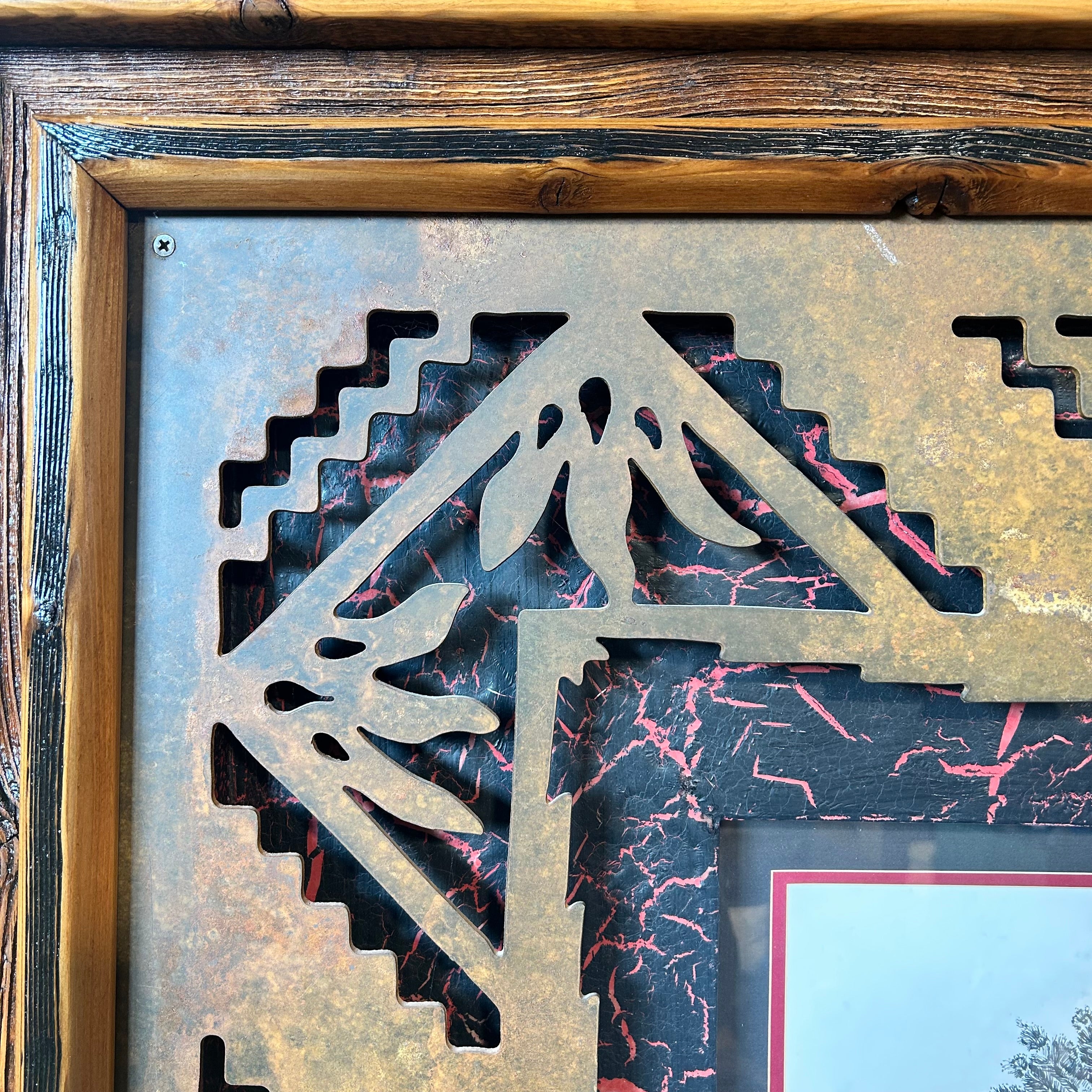 Kieth Rookwood Pencil Drawing Of A Native American Chief With One Of A Kind Custom Frame Made From Pine Wood Laser Cut Iron And Acrylic Crackel Backing 48"x 48"