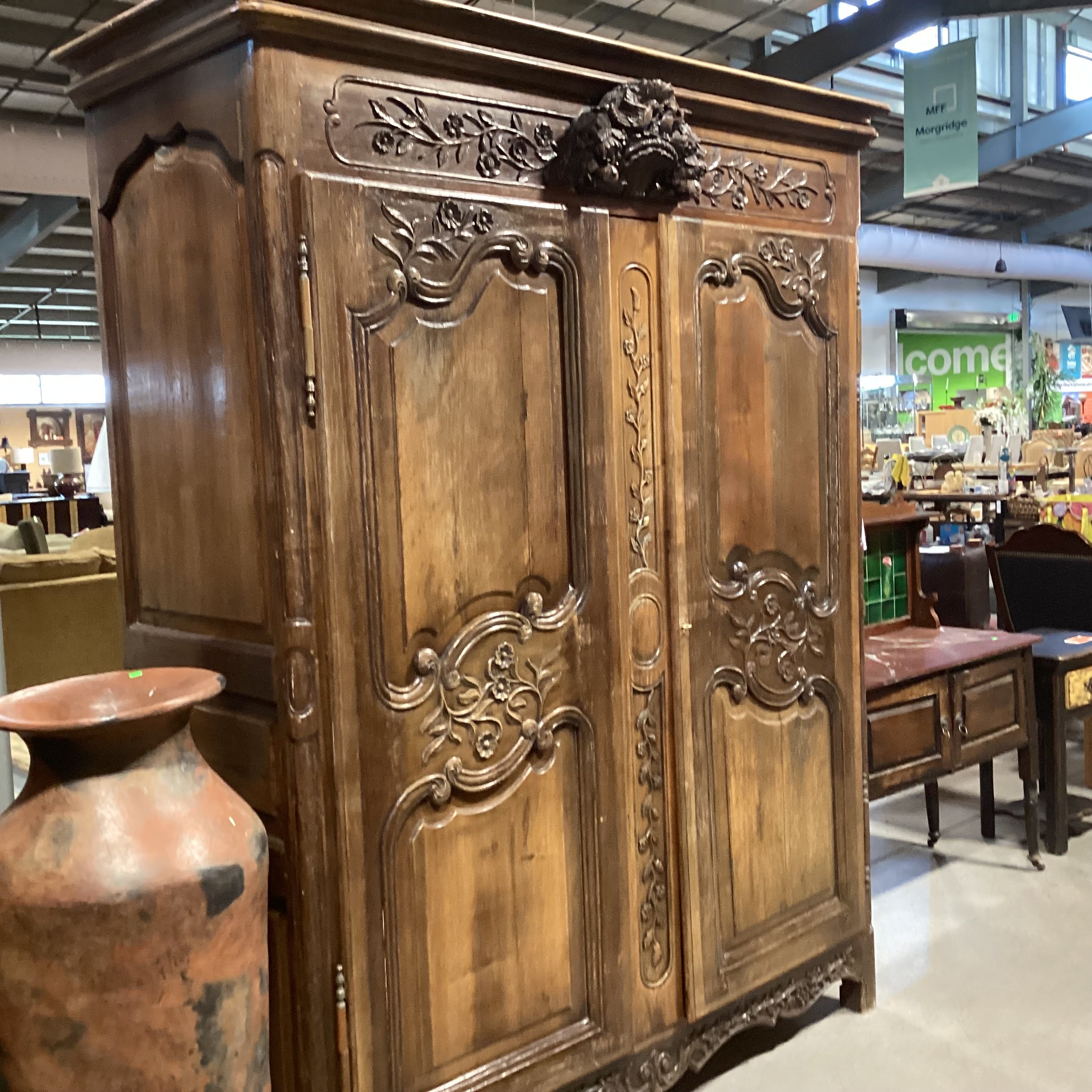 Ornate Carved Bird Floral 2 Door 6 Drawer Armoire 71"x 29"x 88"