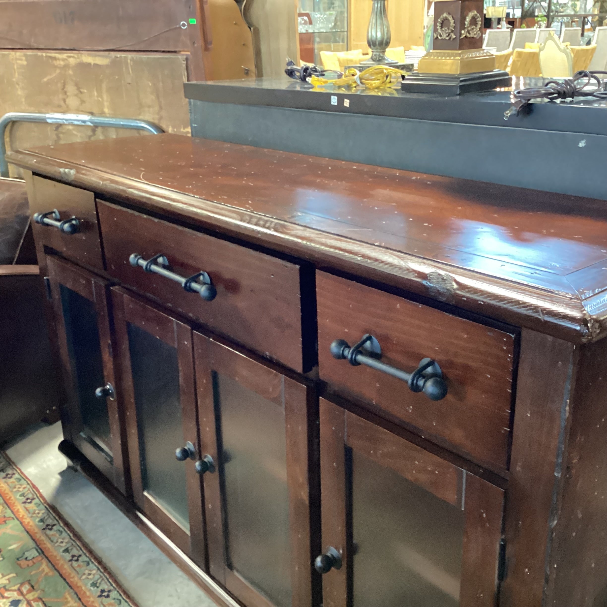 Dark Distressed Wood 4 Door 3 Drawer Rustic Console Credenza 61"x 17.5"x 35"