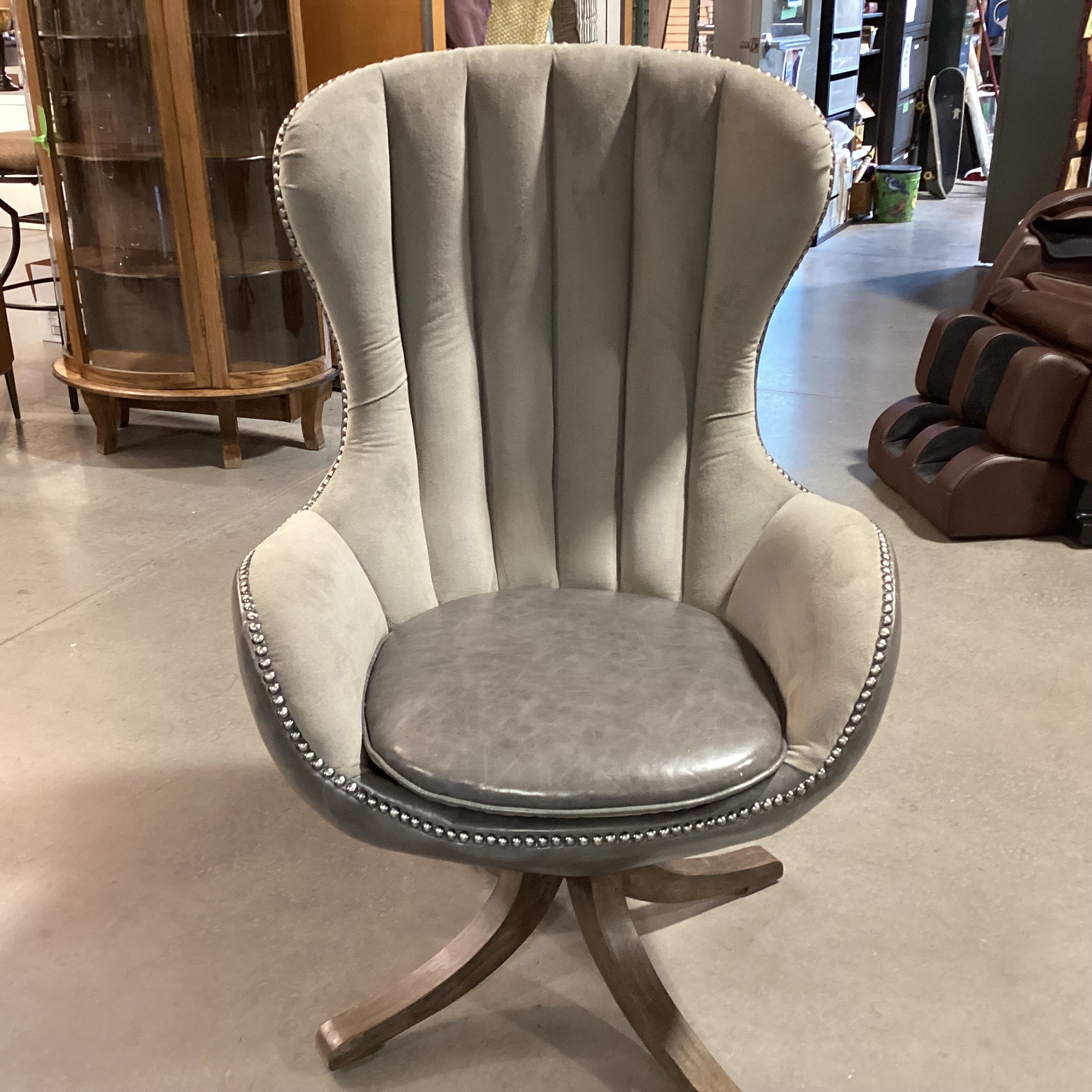 Uttermost Linford Clouded Zinc Leather Nailhead & Grey Velvet Swivel Chair 31"x 31"x 48"