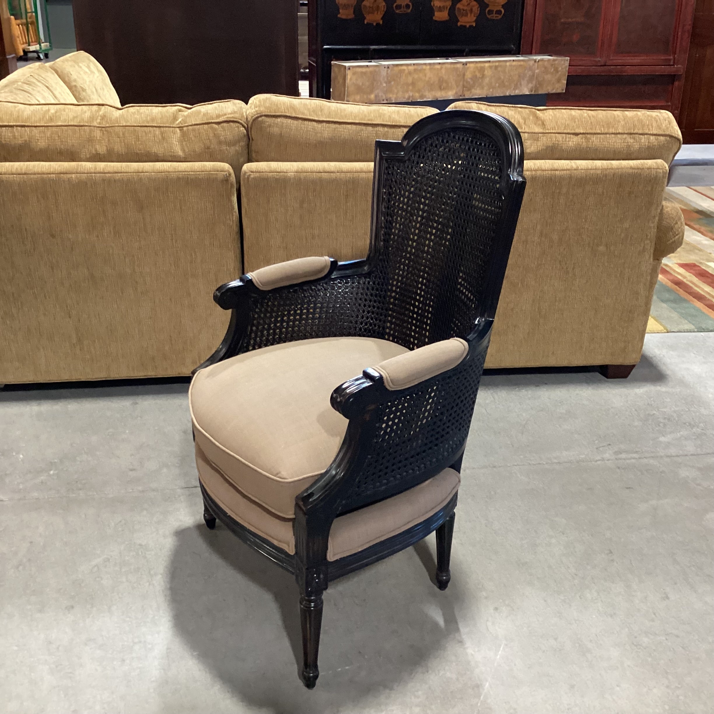Black French Caning & Carved Wood with Taupe Brown Down Mix Upholstered Chair 26"x 24"x 40"