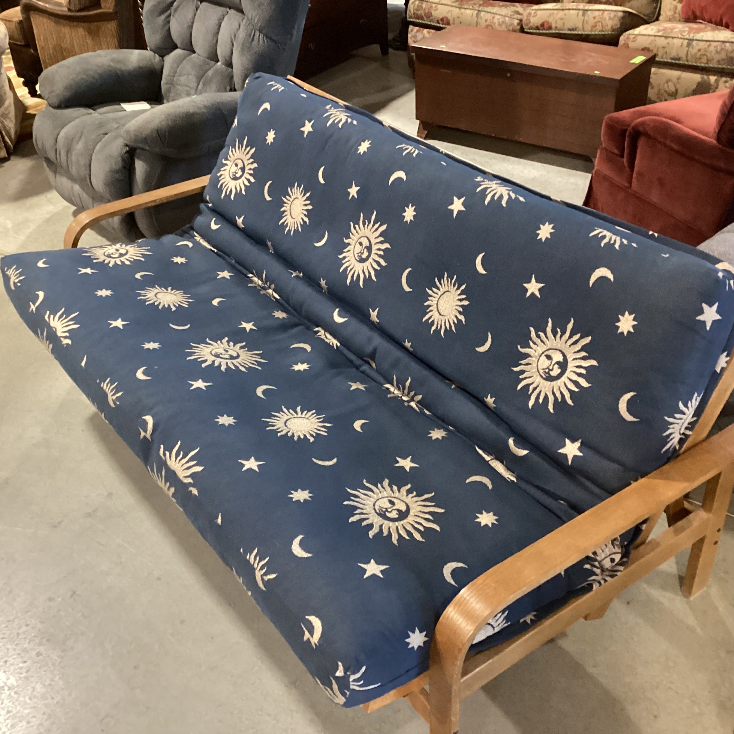 Oak & Blue With Sun Moon & Stars Cushion Futon Sofa 80"x 42" to 56"