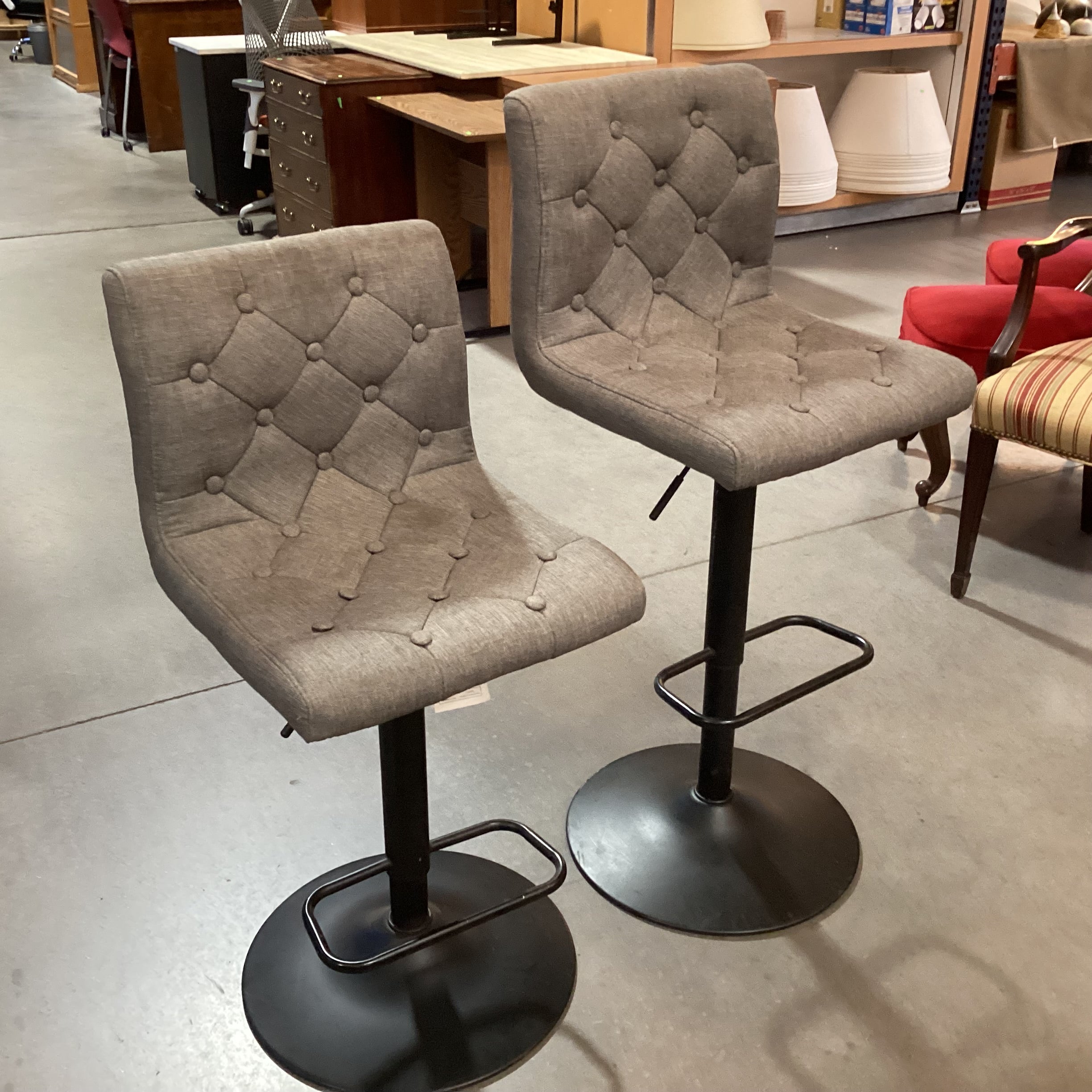 SET of 2 Worldwide Home Furnishings Grey Button Tufted Linen & Black Pedestal Adjustable Height Barstools 25" to 31"