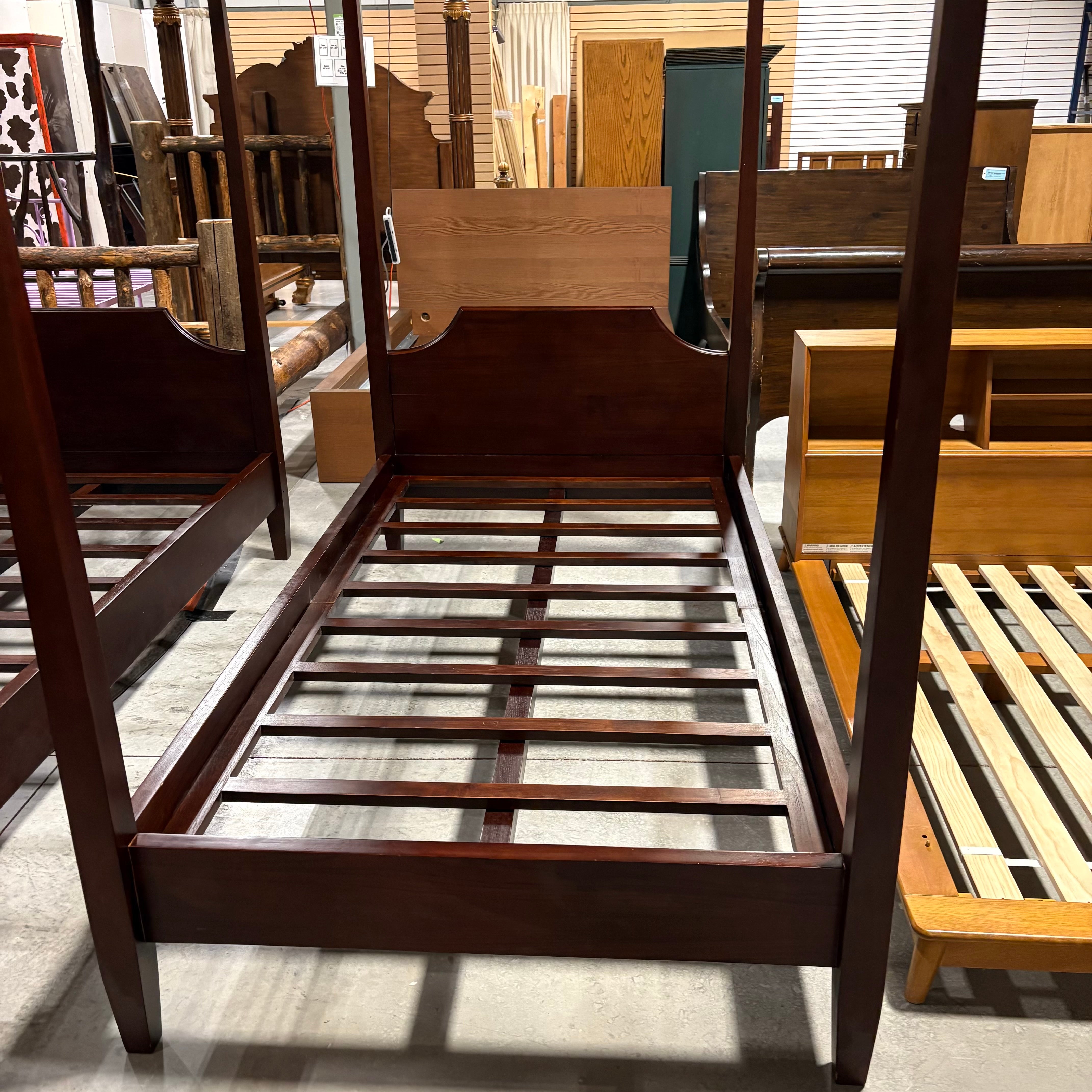 TWIN Solid Dark Finish Wood Canopy Bed Set 44.5"x 81.5"x 82.5"