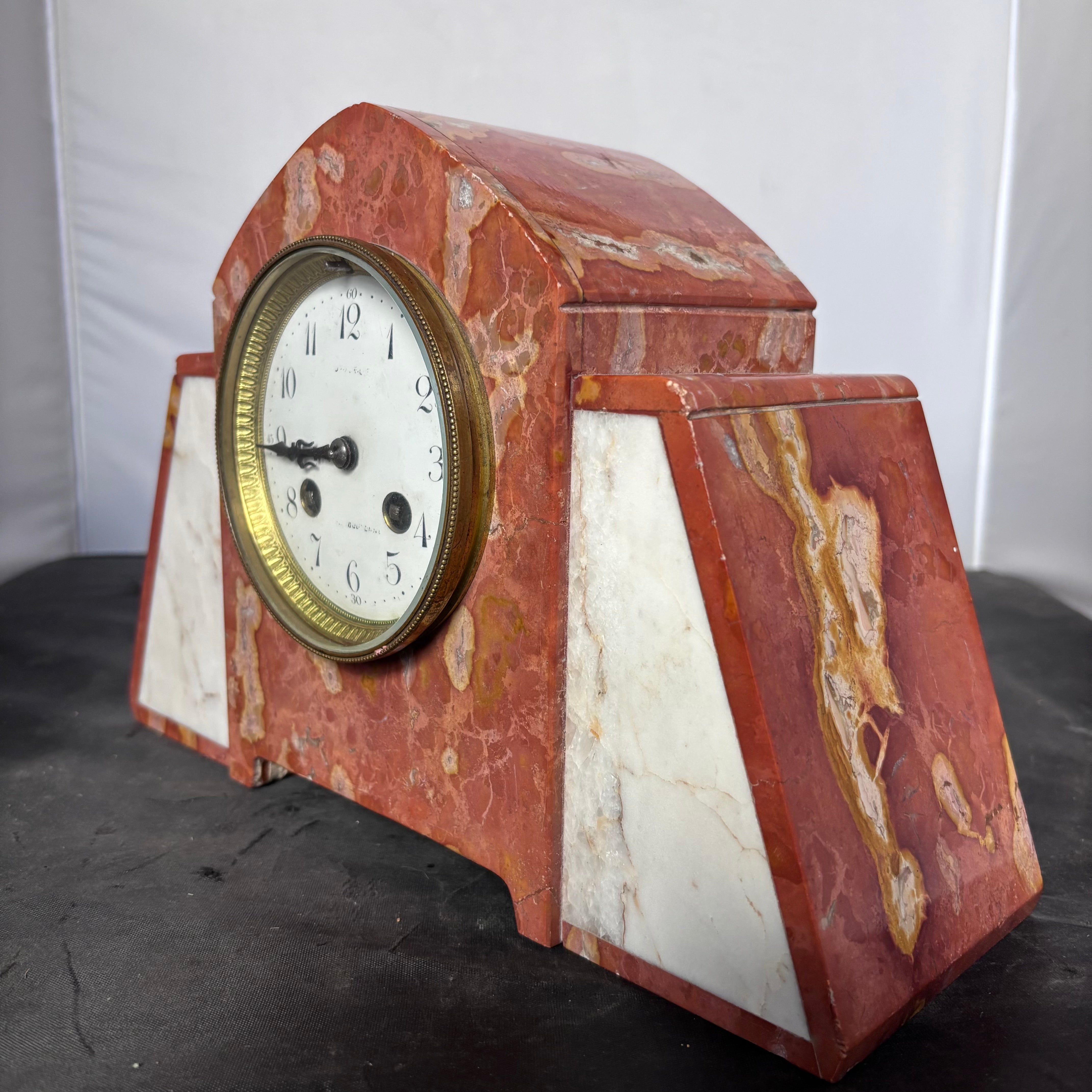Set of 3 Antique Art Deco Marble Mantle Clock with 2 Marble Candle Holders