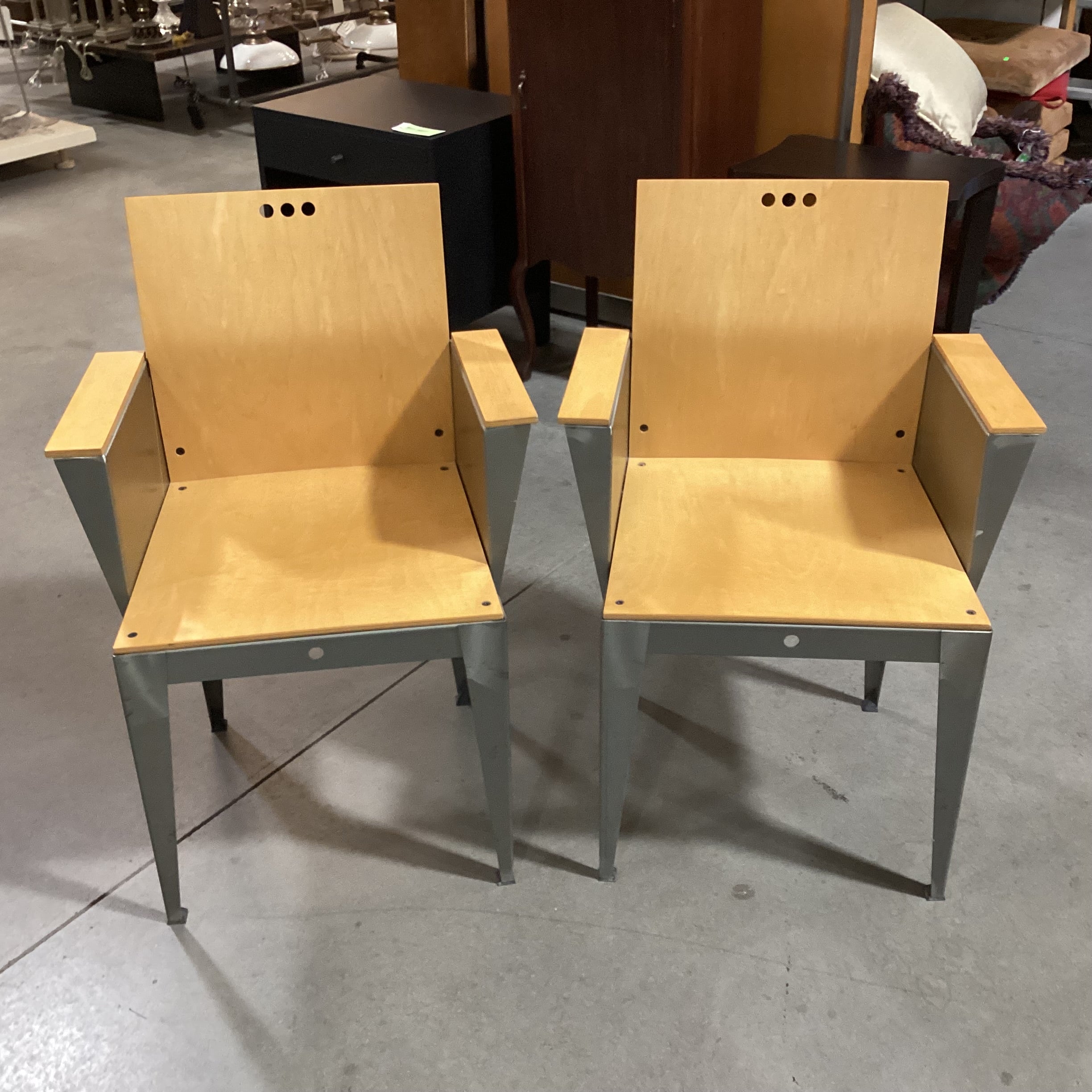 SET of 2 Bruce Sienkowski Maple & Stainless Eli Arm Chairs 24"x 19"x 34"