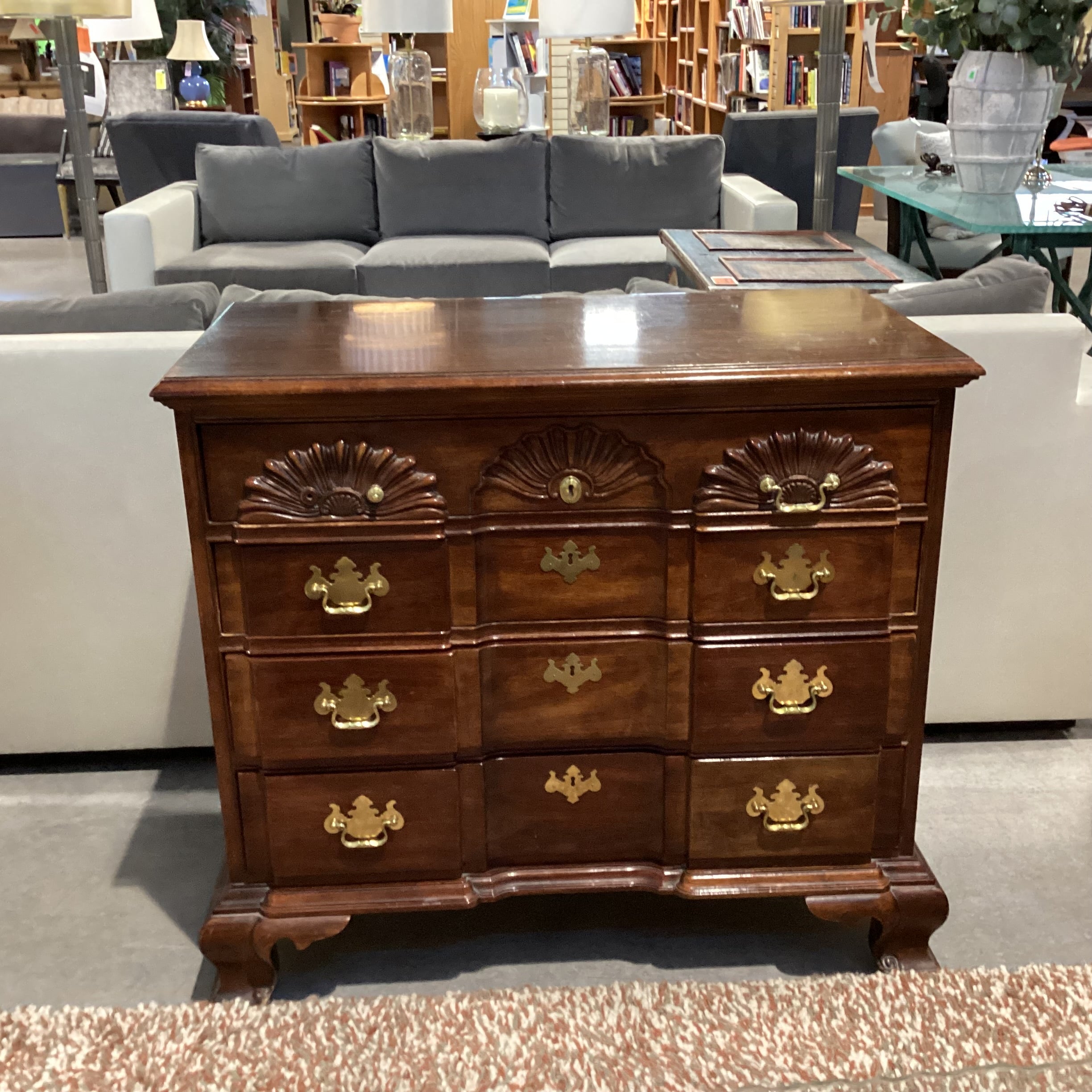Thomasville The Mahogany Collection Ornate Carved with Brass 4 Drawer Chest 37.5"x 19.5"x 34"