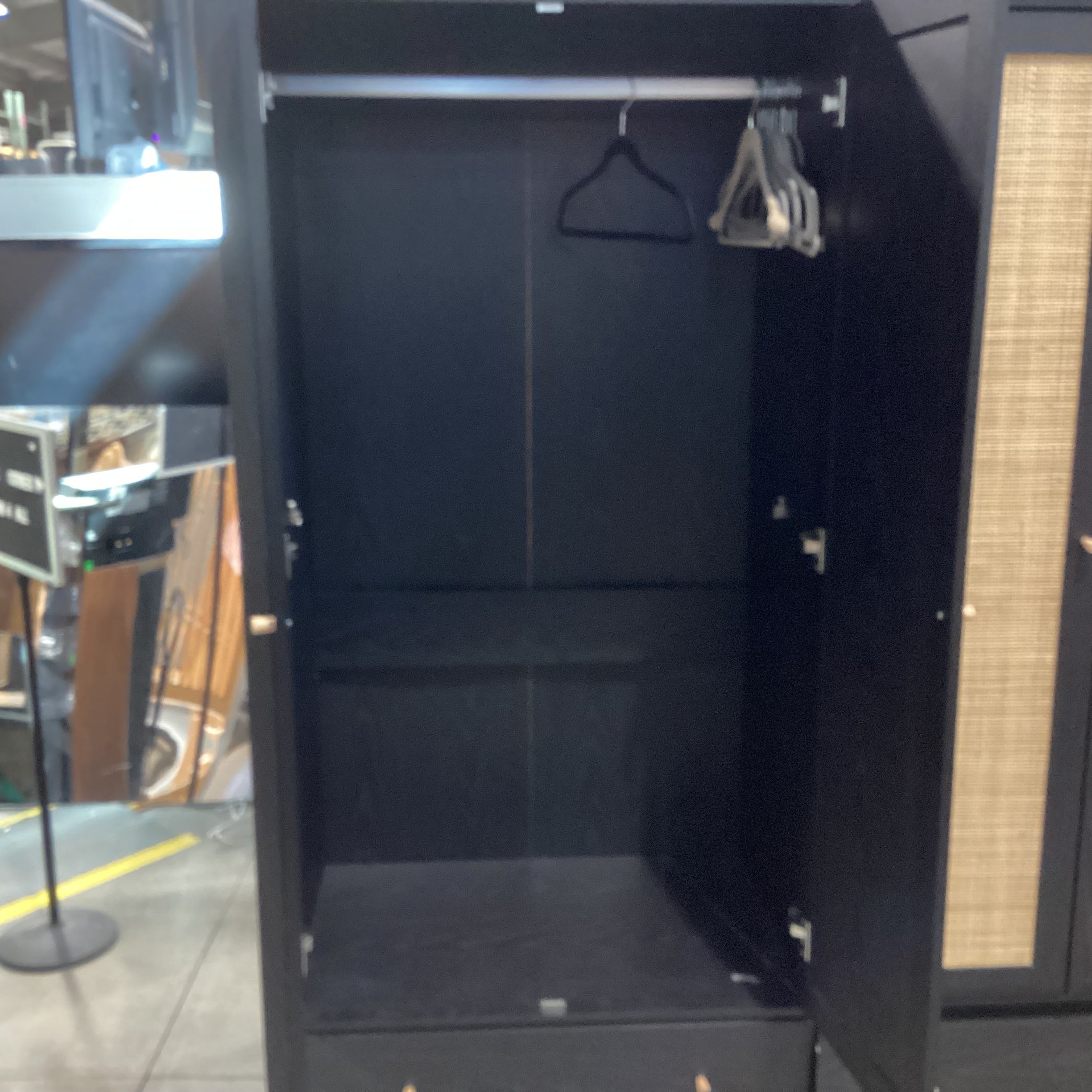 Ebony Finished Wood Style Laminate Veneer Rattan Woven 4 Door 2 Drawer Wardrobe Armoire 68"x 22"x 72.5"