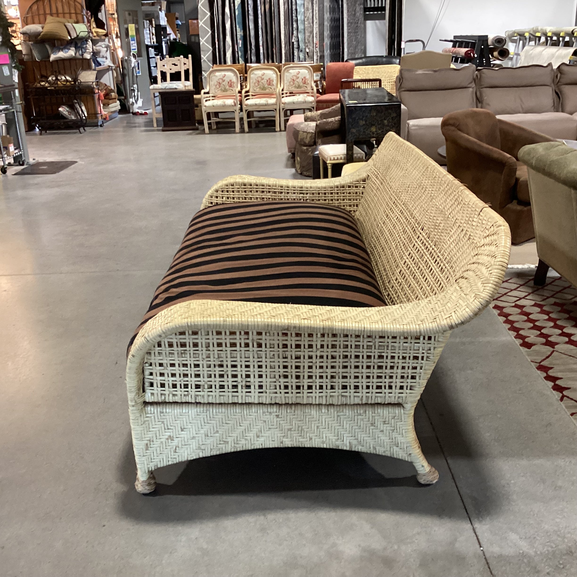 Rattan Wicker & Black & Brown Stripe Down Cushion Sofa 85"x 44"x 33"