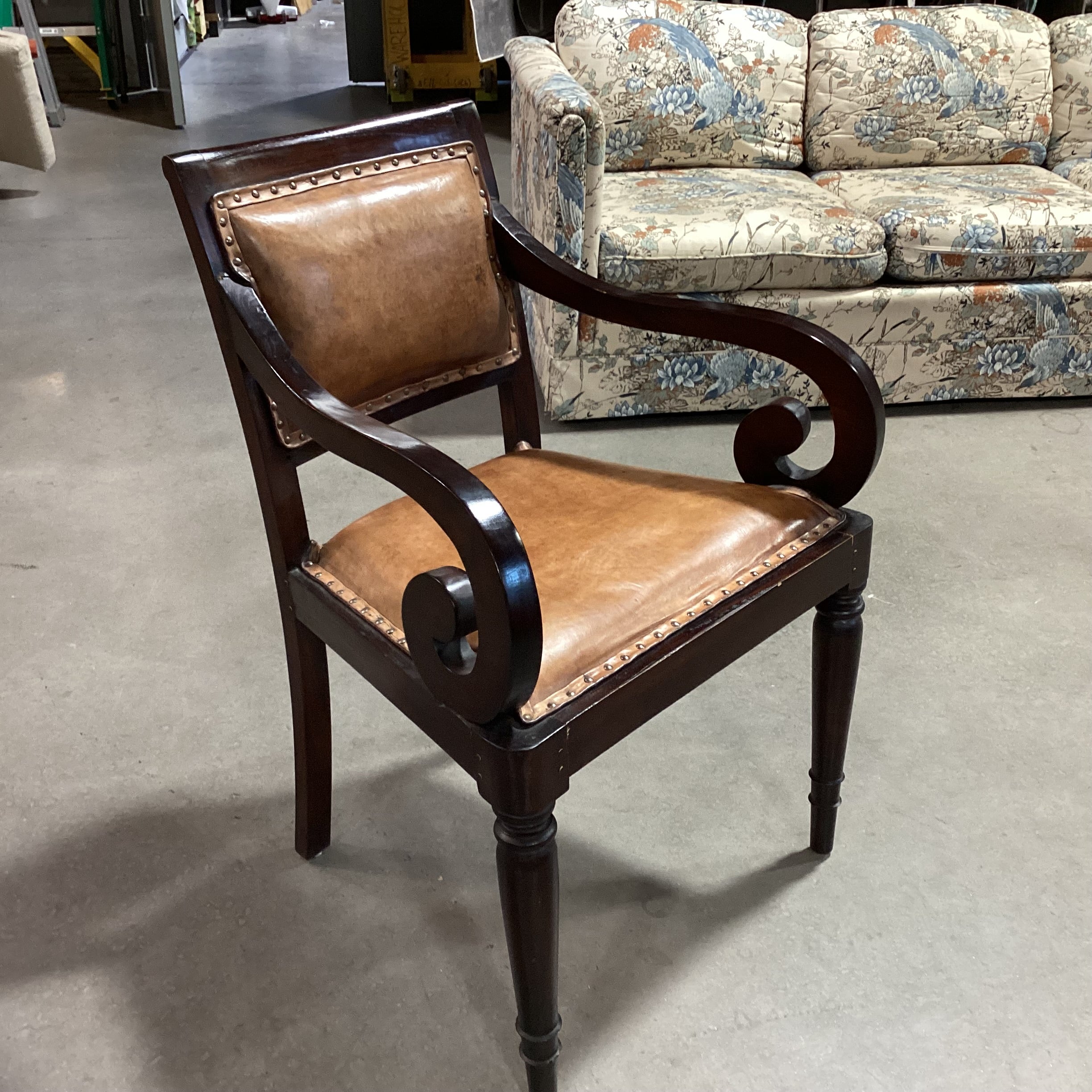 Vintage Antique Carved Scroll Arm & Leather Nailhead Chair 24"x 22"x 34"