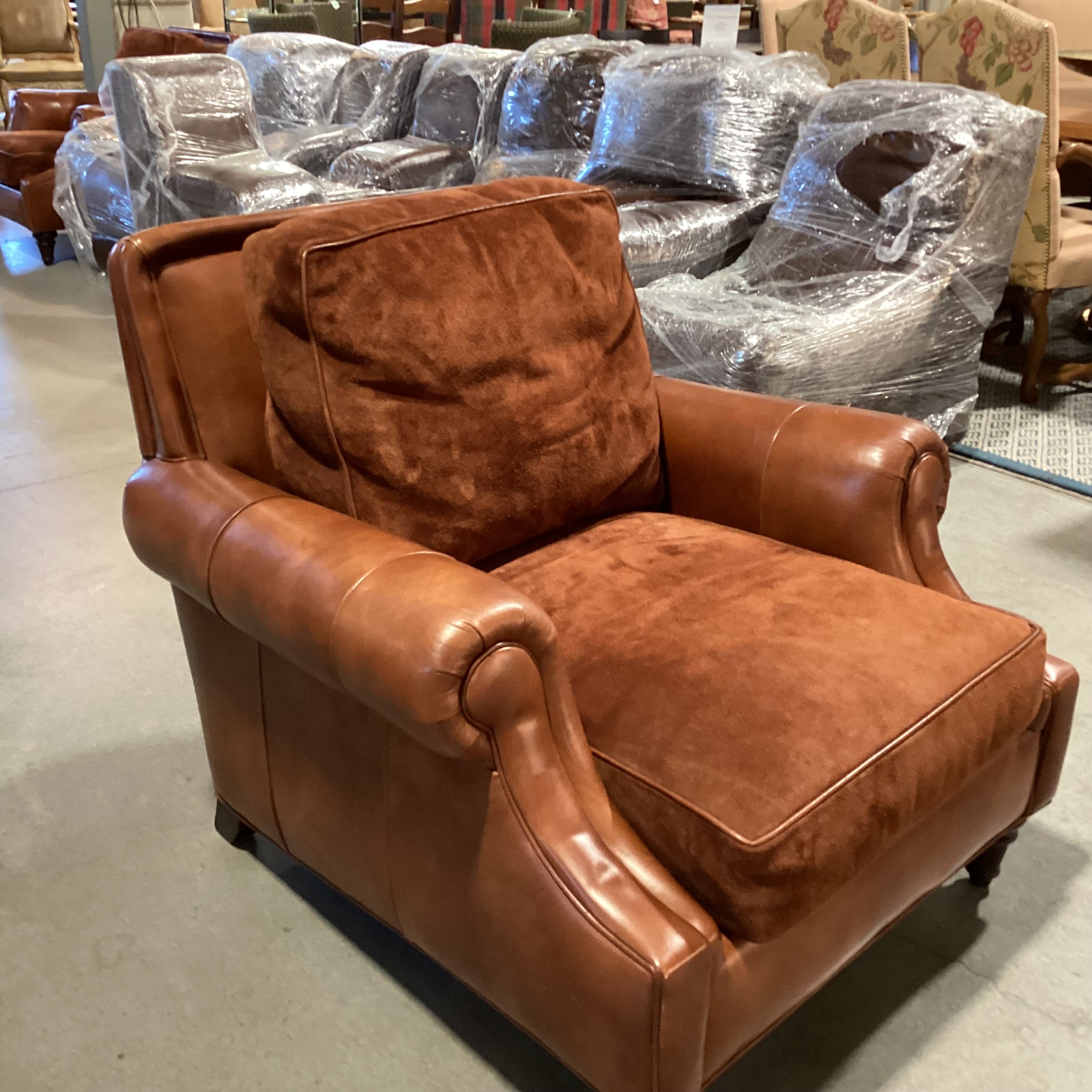 Hancock & Moore Leather & Suede Roll Arm Club Chair 40"x 44"x 35"