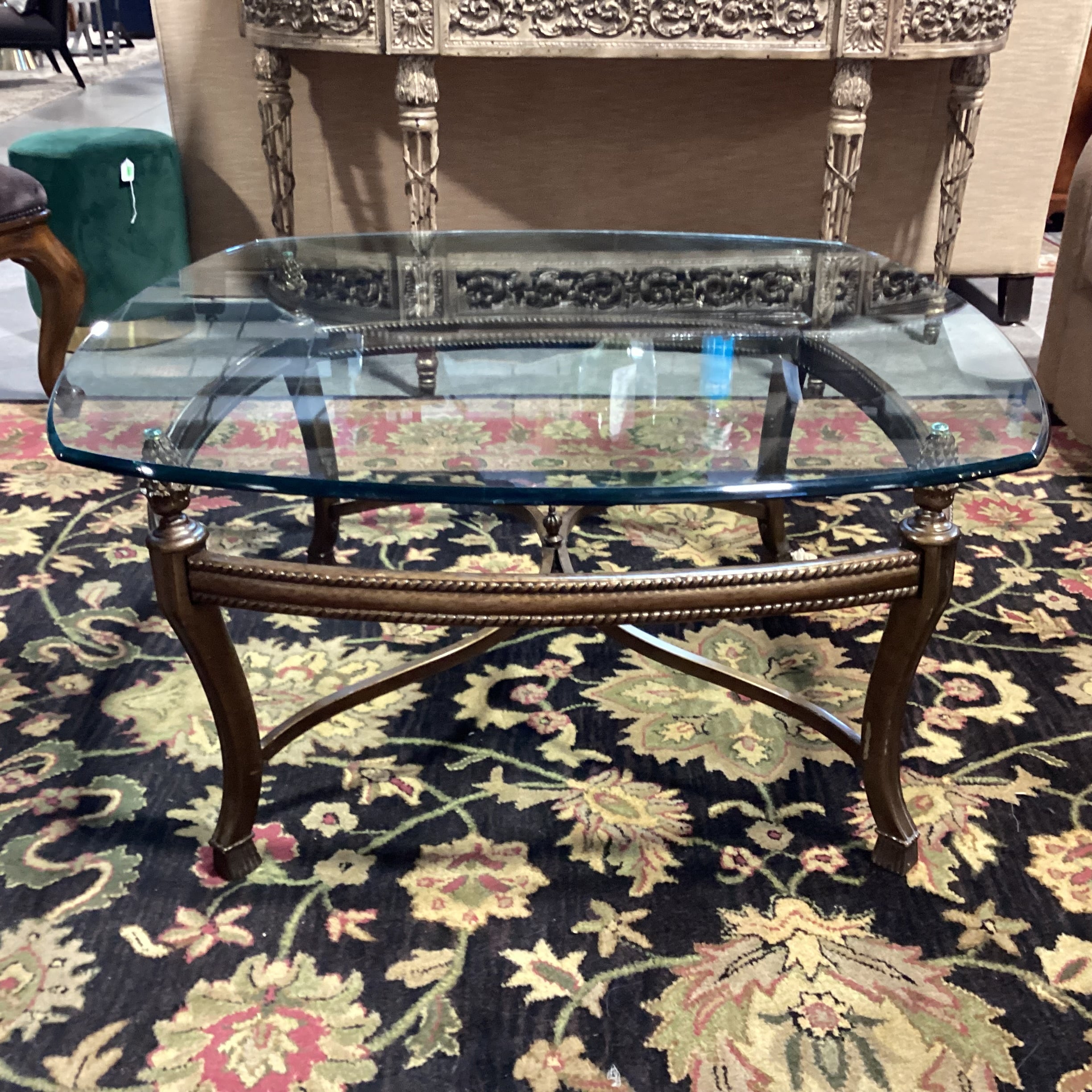 Ornate Finished Metal & Glass Coffee Table 40"x 40"x 20"